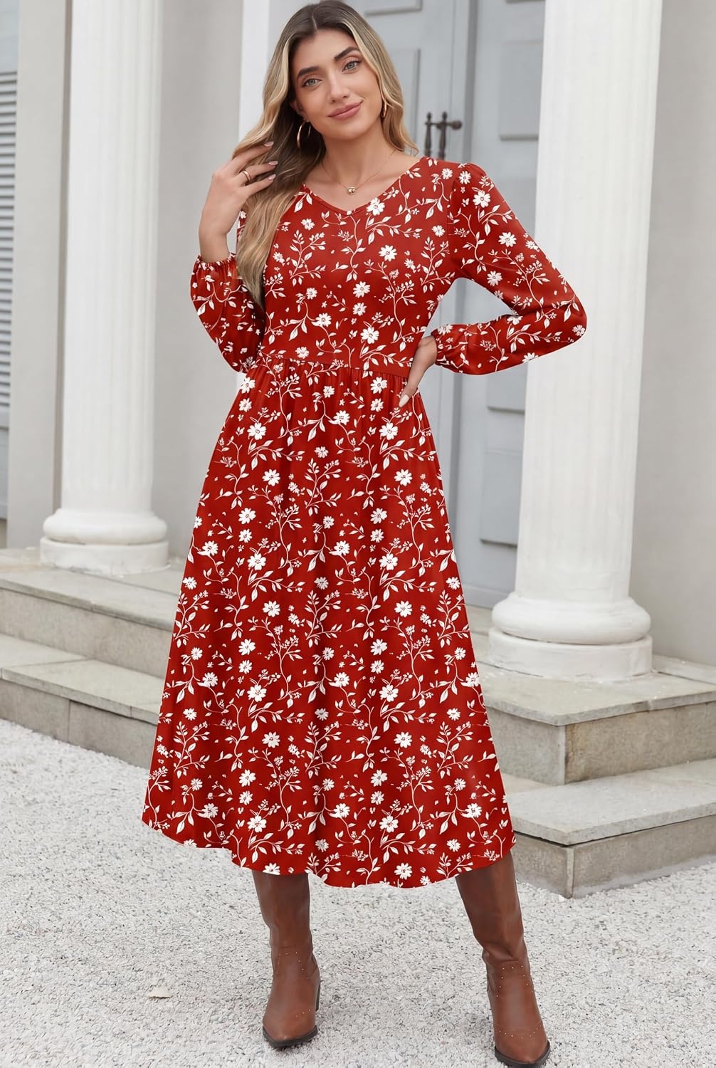 image:imageZeagoo Long Sleeve Midi Dress with Pockets Fall V Neck ALine Casual WomenRed Floral