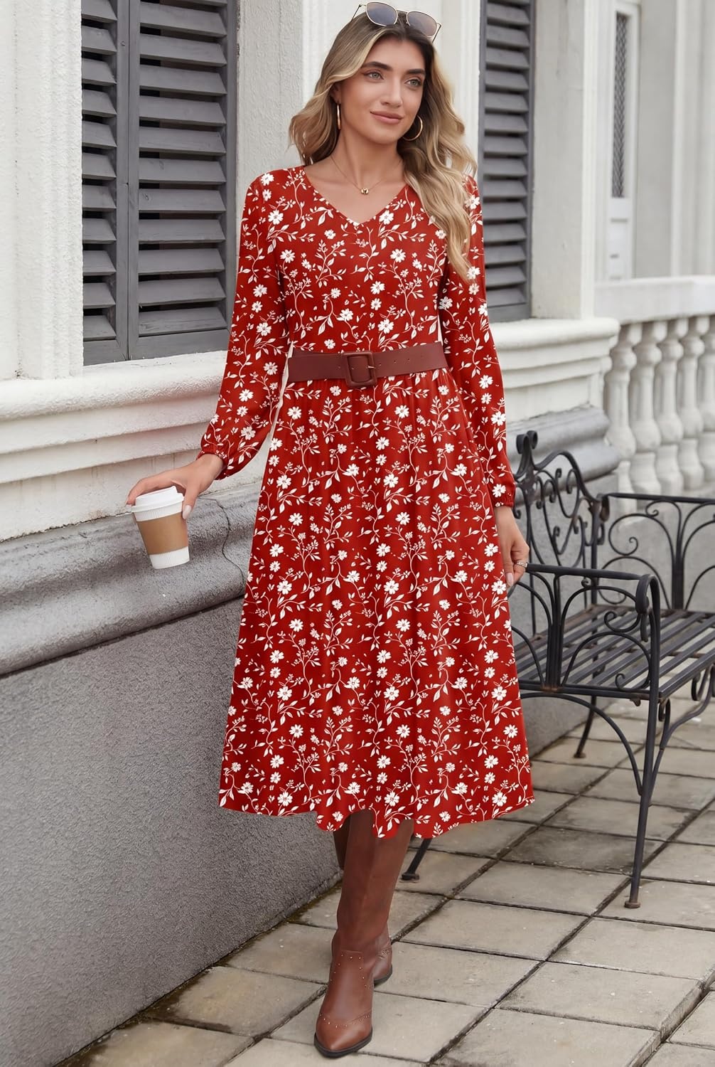 image:imageZeagoo Long Sleeve Midi Dress with Pockets Fall V Neck ALine Casual WomenRed Floral