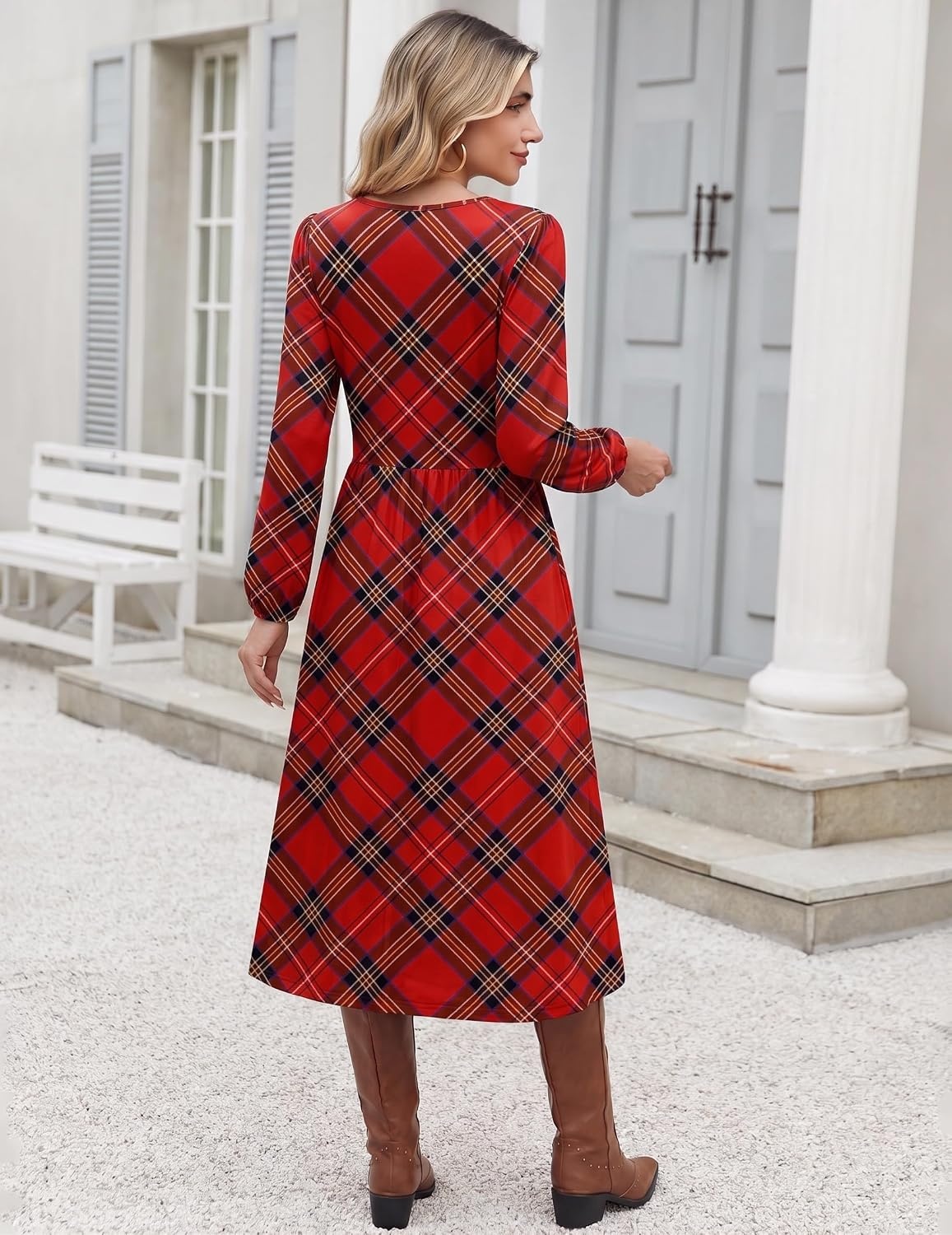 image:imageZeagoo Long Sleeve Midi Dress with Pockets Fall V Neck ALine Casual WomenRed Plaid