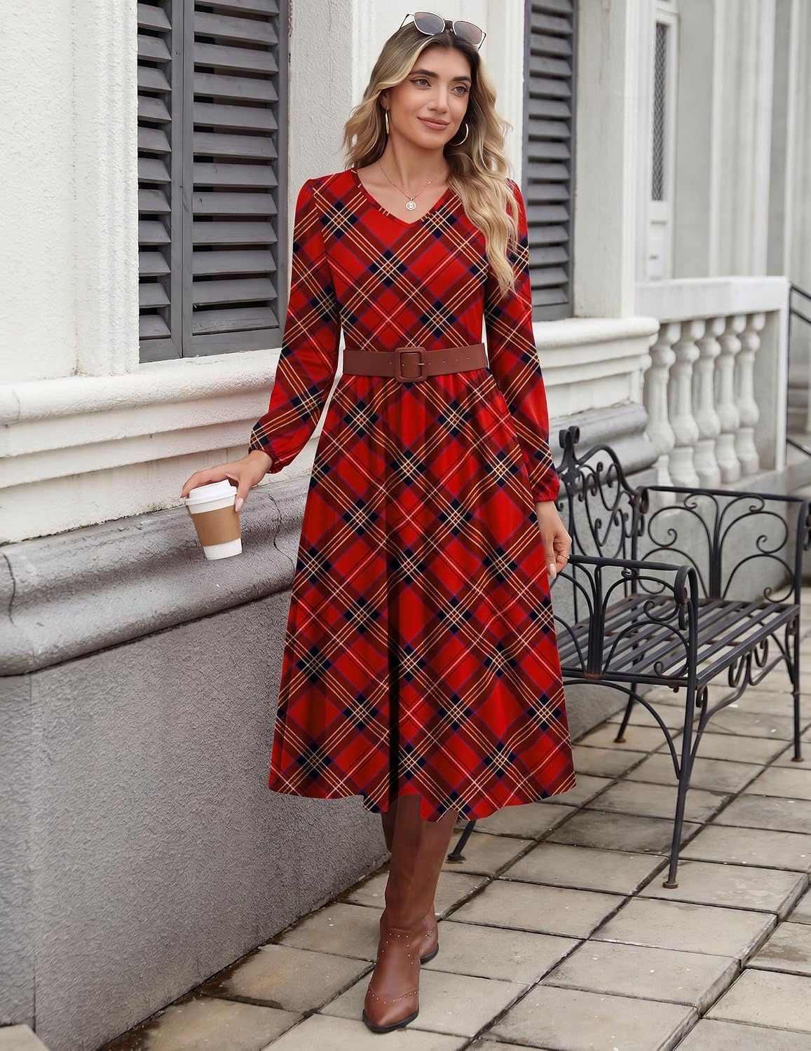 image:imageZeagoo Long Sleeve Midi Dress with Pockets Fall V Neck ALine Casual WomenRed Plaid