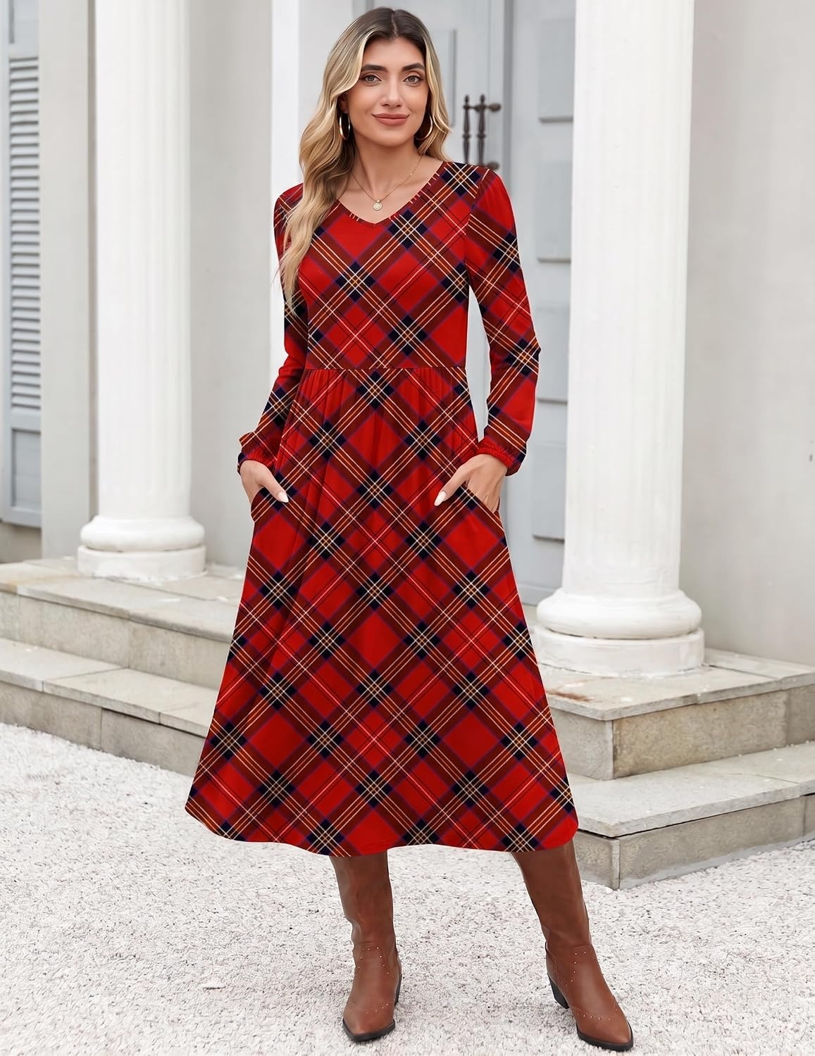 image:imageZeagoo Long Sleeve Midi Dress with Pockets Fall V Neck ALine Casual WomenRed Plaid