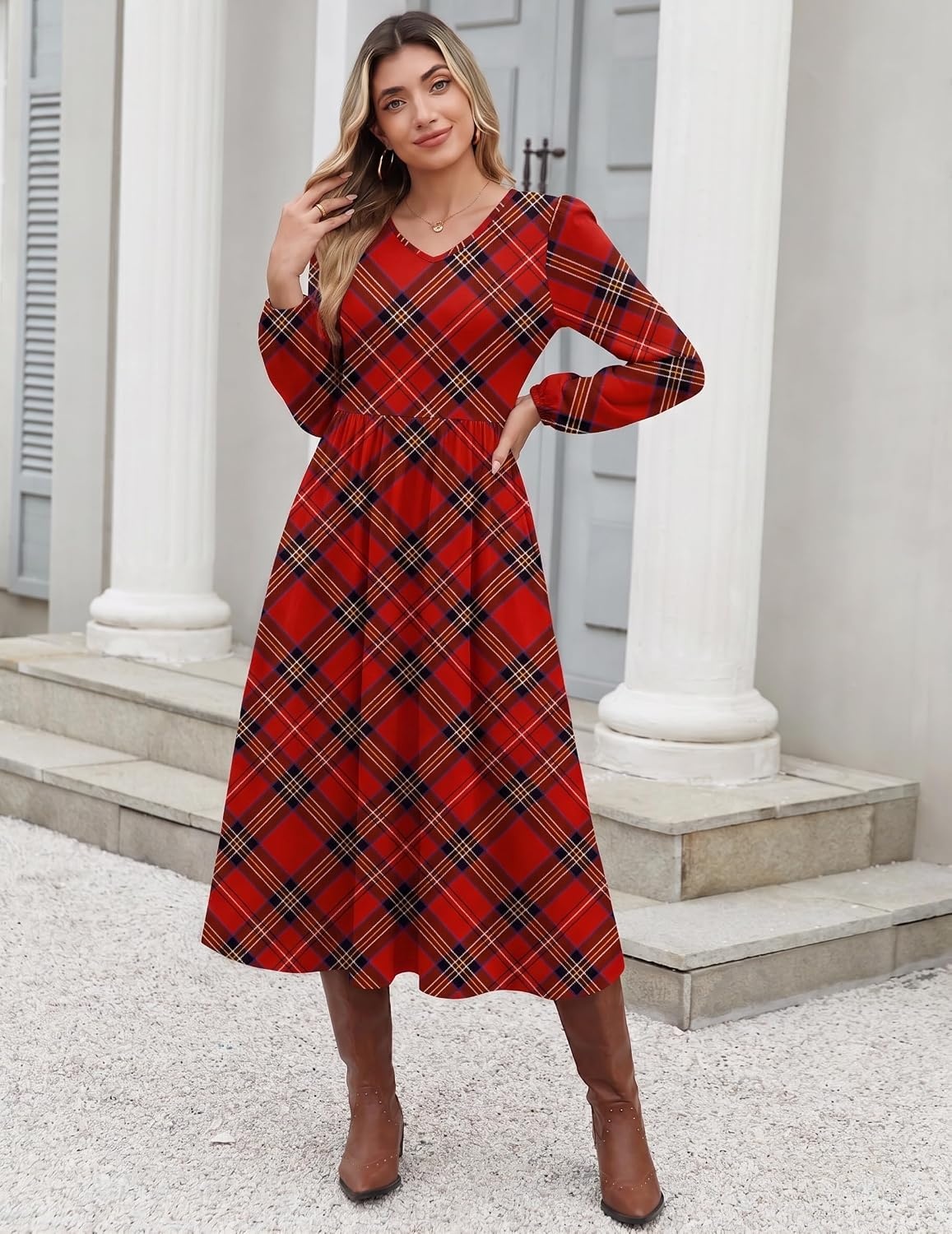 image:imageZeagoo Long Sleeve Midi Dress with Pockets Fall V Neck ALine Casual WomenRed Plaid