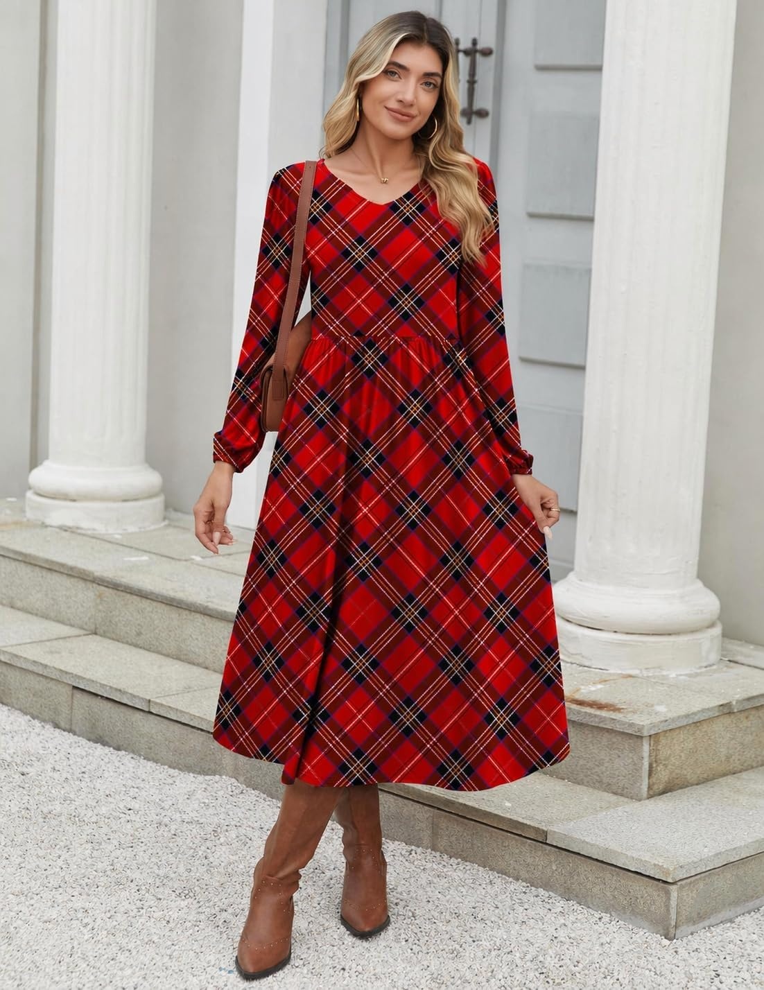 image:imageZeagoo Long Sleeve Midi Dress with Pockets Fall V Neck ALine Casual WomenRed Plaid