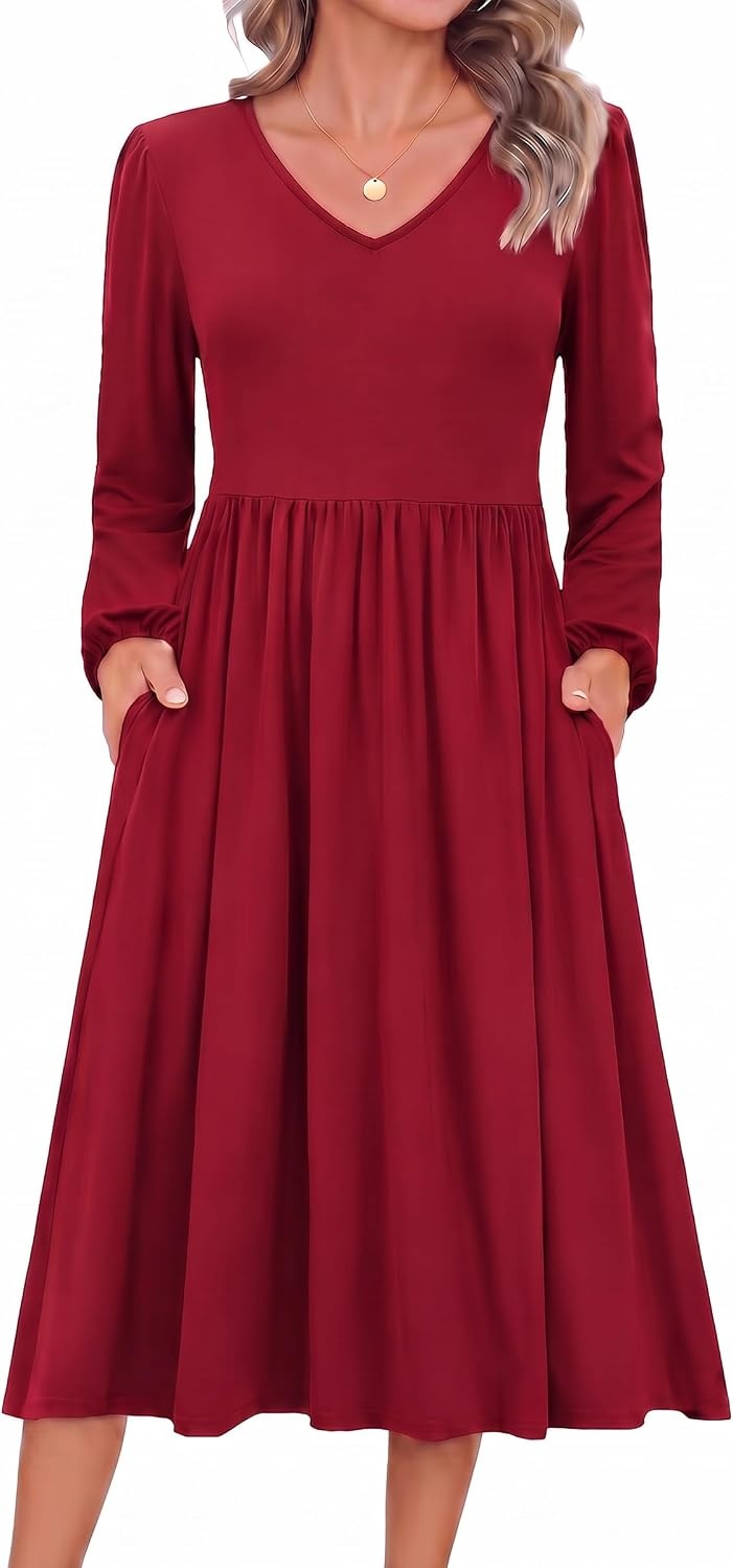 image:imageZeagoo Long Sleeve Midi Dress with Pockets Fall V Neck ALine Casual WomenWine Red