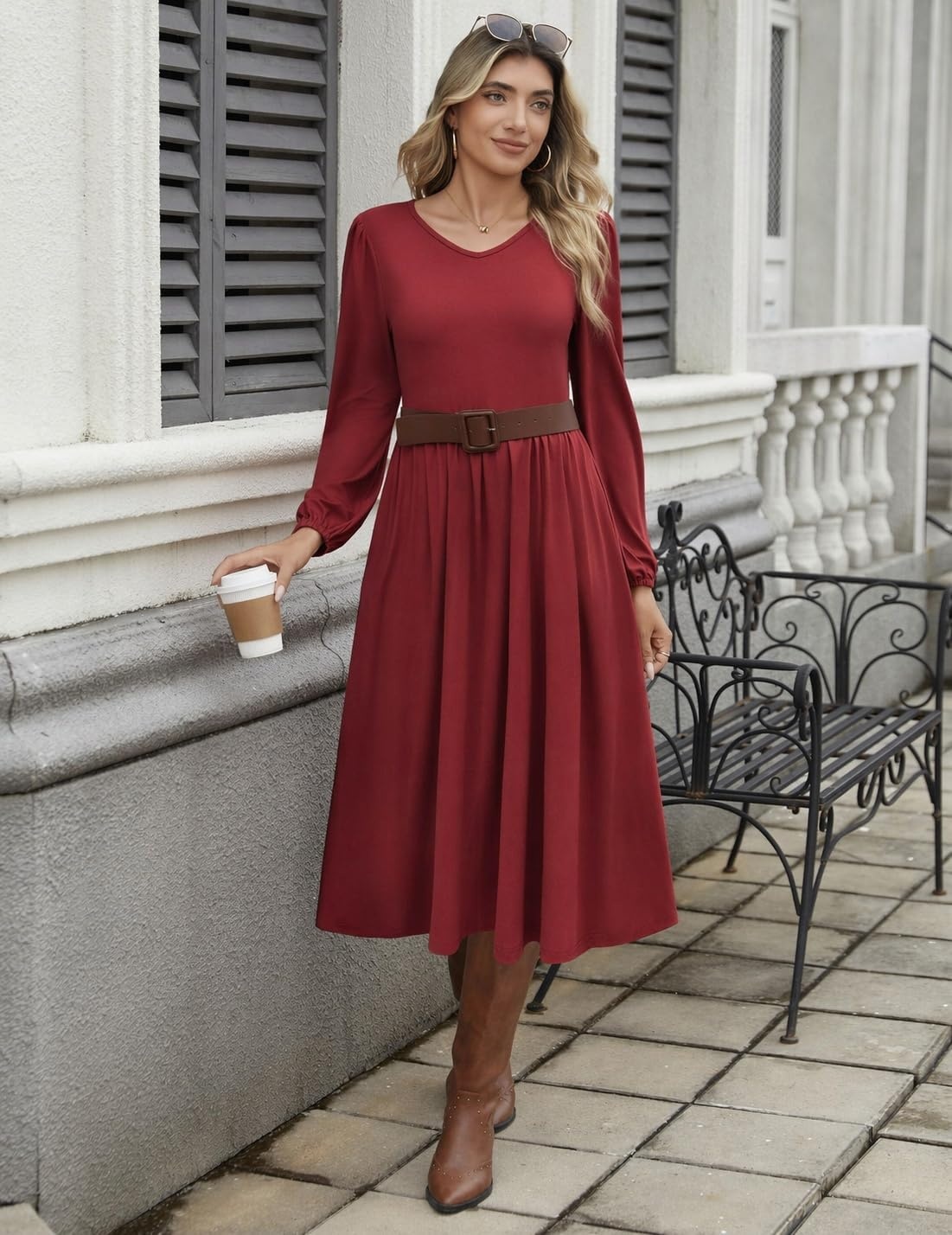 image:imageZeagoo Long Sleeve Midi Dress with Pockets Fall V Neck ALine Casual WomenWine Red