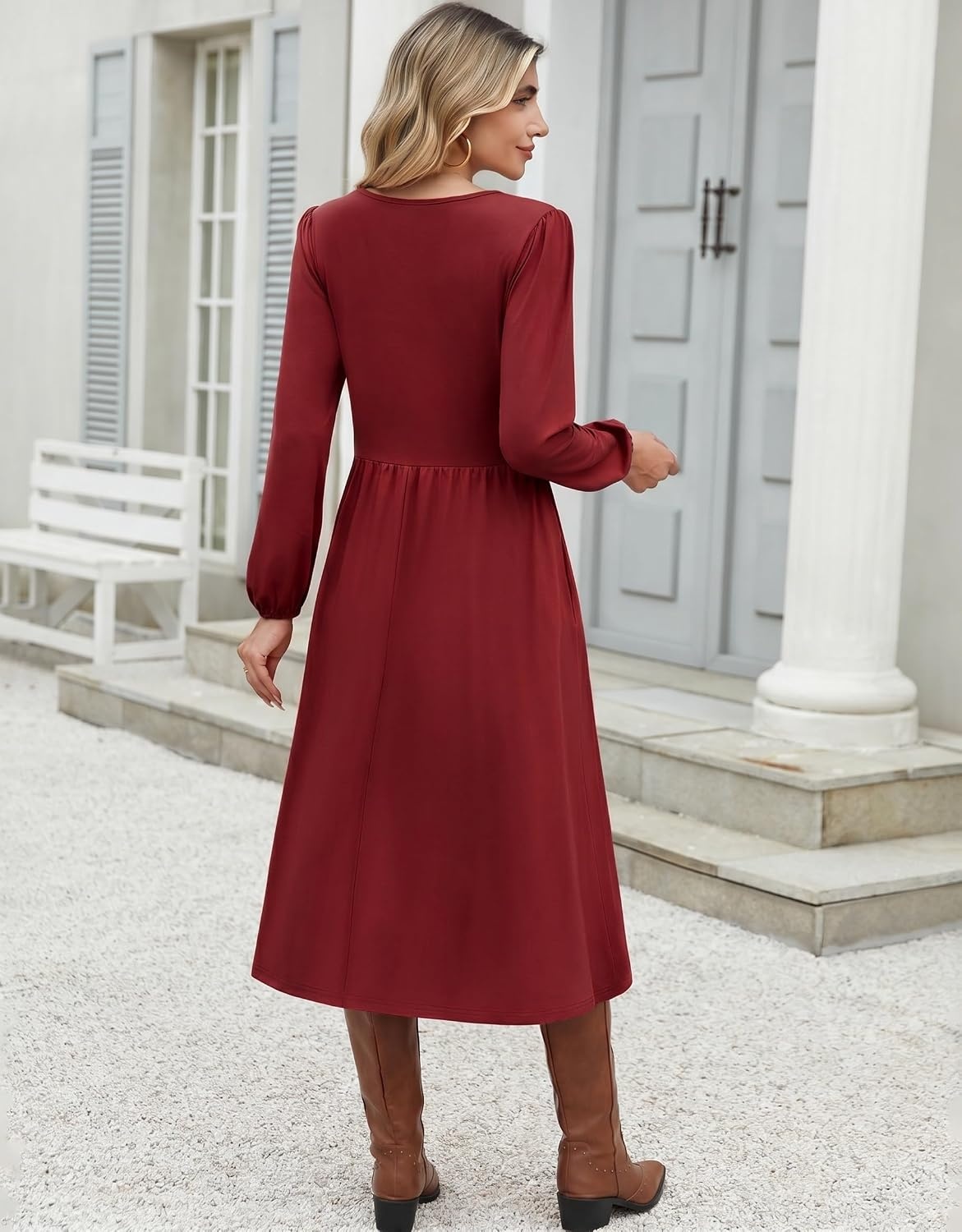 image:imageZeagoo Long Sleeve Midi Dress with Pockets Fall V Neck ALine Casual WomenWine Red