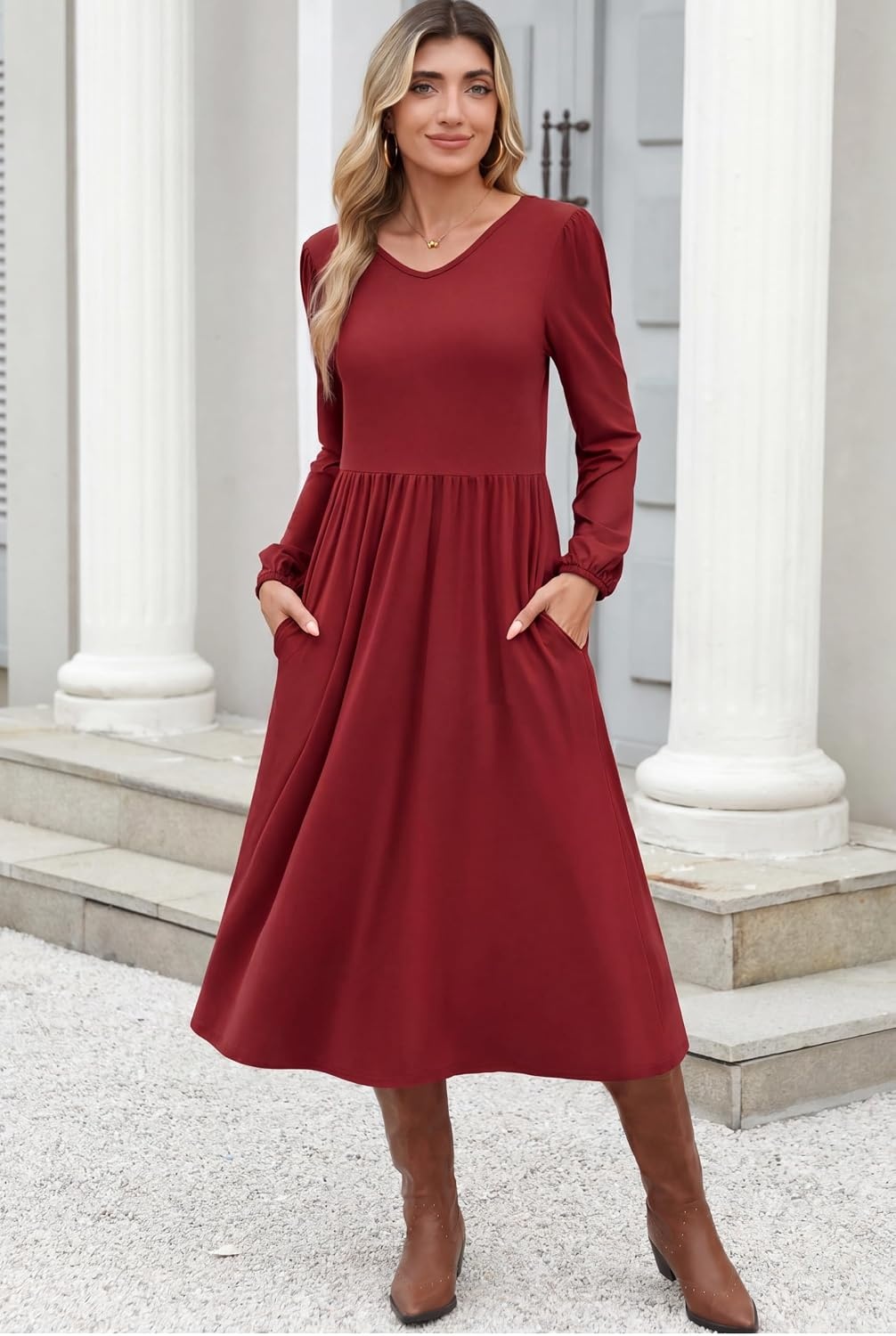 image:imageZeagoo Long Sleeve Midi Dress with Pockets Fall V Neck ALine Casual WomenWine Red