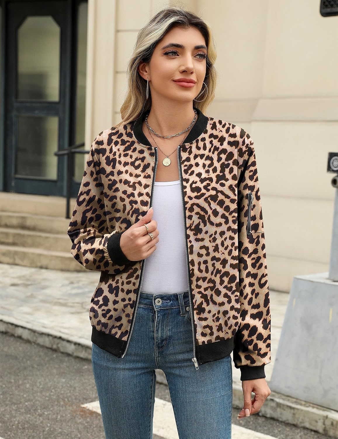 image:imageZeagoo Women Bomber Jacket Button Down Varsity Jackets Casual ShacketAleopard