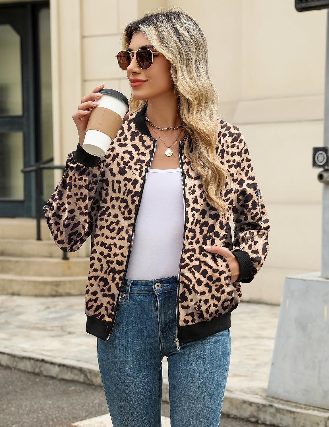 image:imageZeagoo Women Bomber Jacket Button Down Varsity Jackets Casual ShacketAleopard