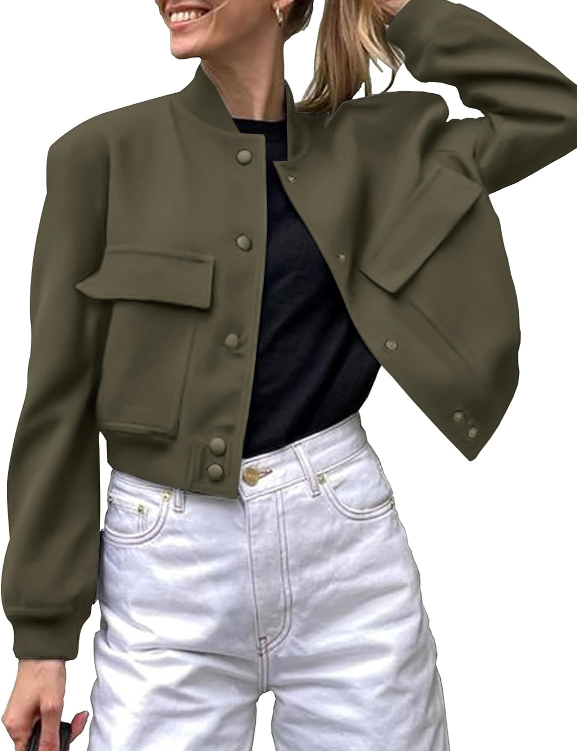 image:imageZeagoo Women Bomber Jacket Button Down Varsity Jackets Casual ShacketArmy Green