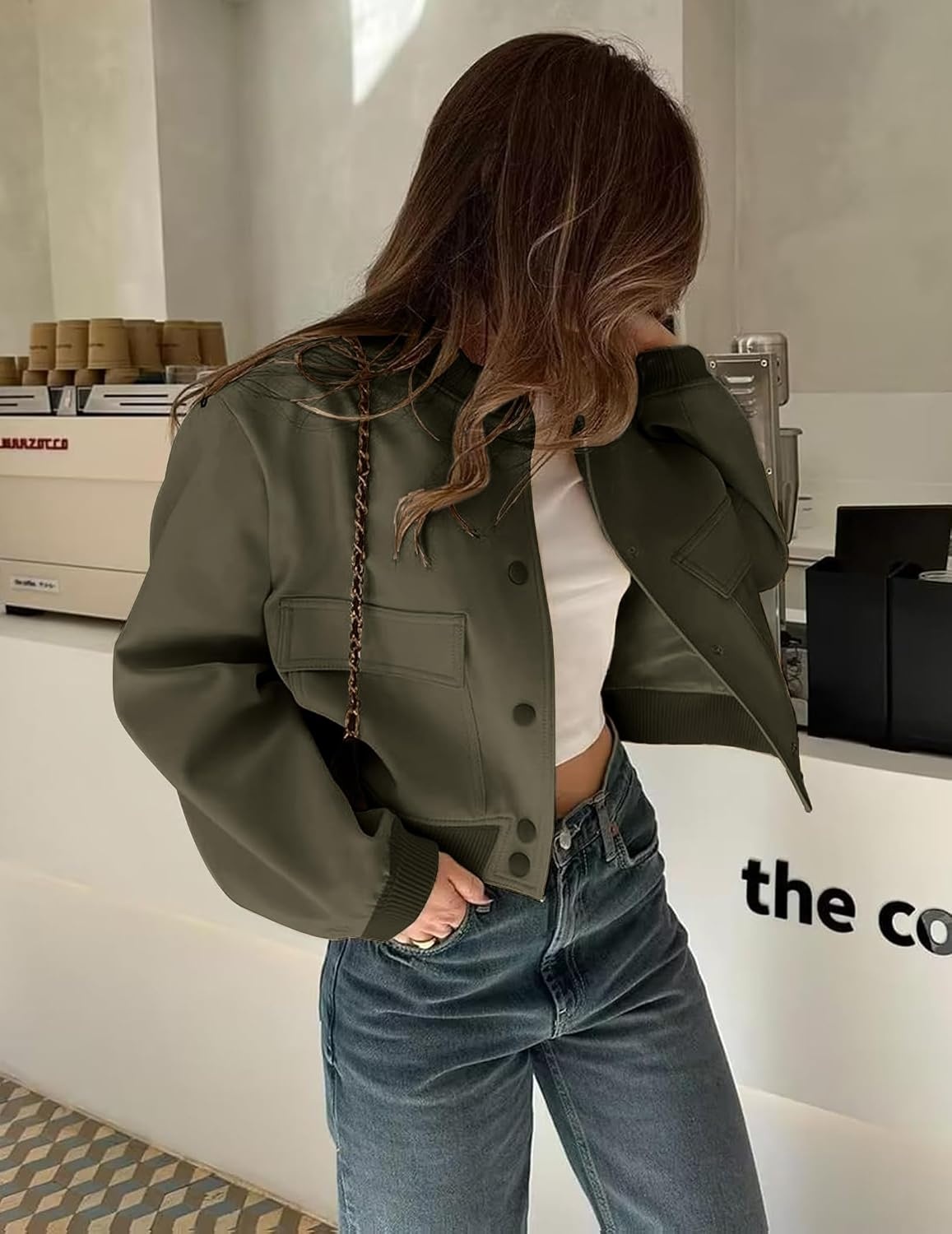 image:imageZeagoo Women Bomber Jacket Button Down Varsity Jackets Casual ShacketArmy Green