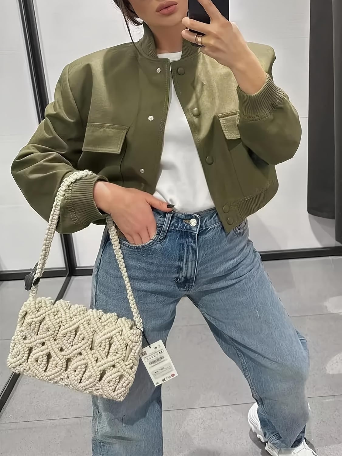 image:imageZeagoo Women Bomber Jacket Button Down Varsity Jackets Casual ShacketArmy Green