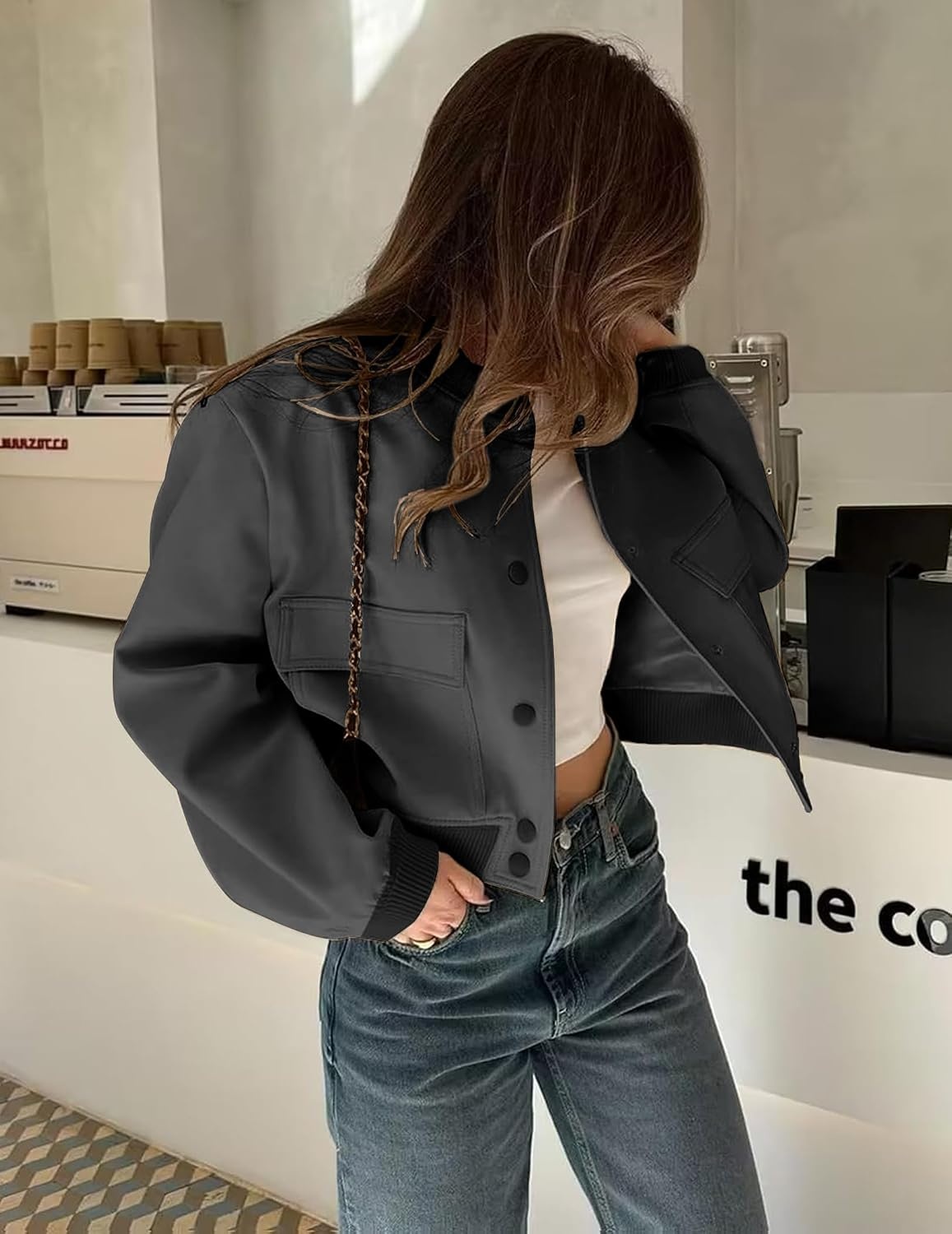 image:imageZeagoo Women Bomber Jacket Button Down Varsity Jackets Casual ShacketDark Grey