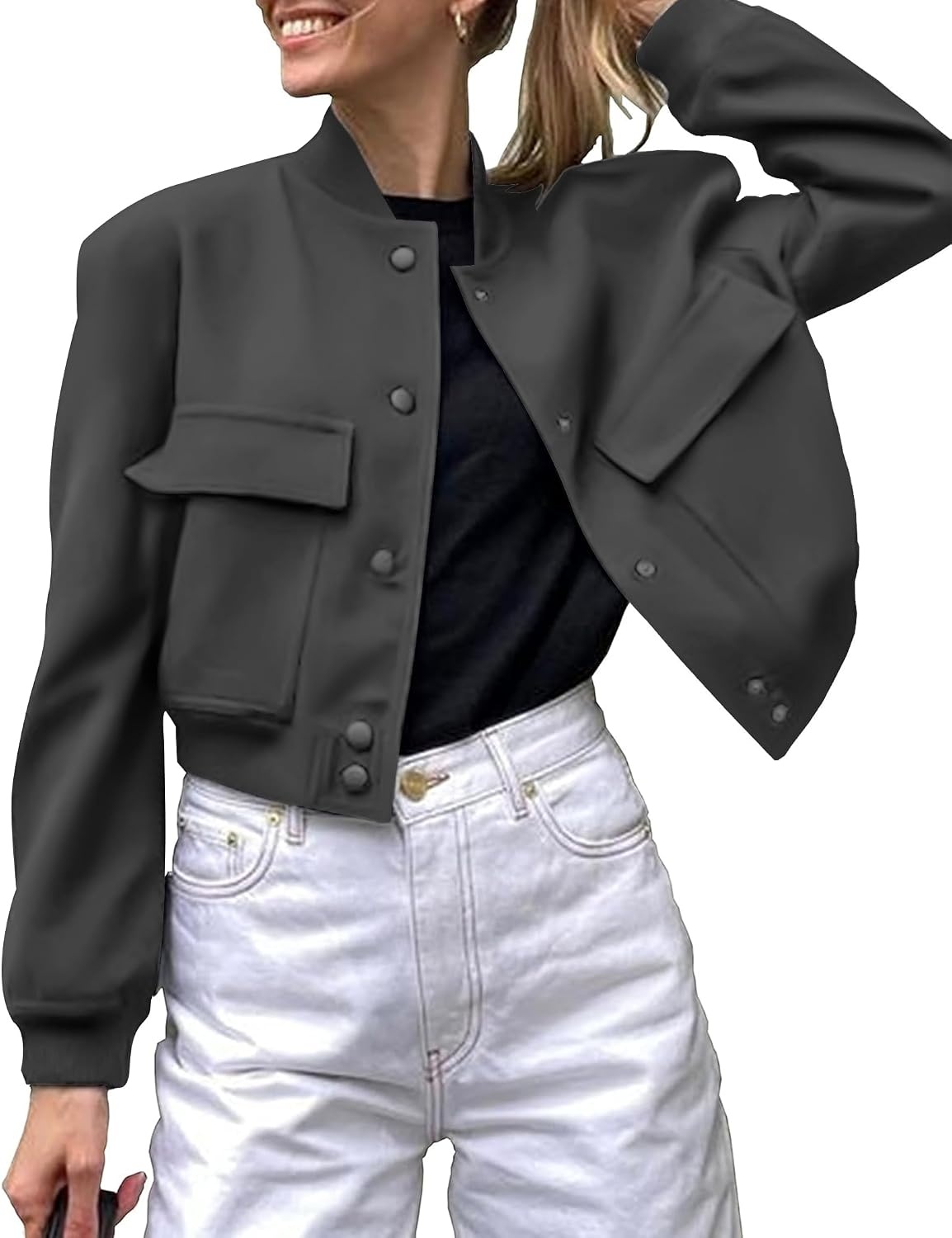 image:imageZeagoo Women Bomber Jacket Button Down Varsity Jackets Casual ShacketDark Grey