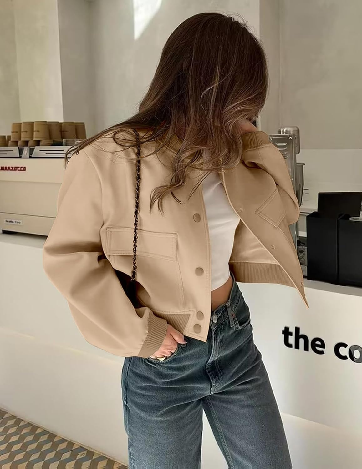 image:imageZeagoo Women Bomber Jacket Button Down Varsity Jackets Casual ShacketKhaki