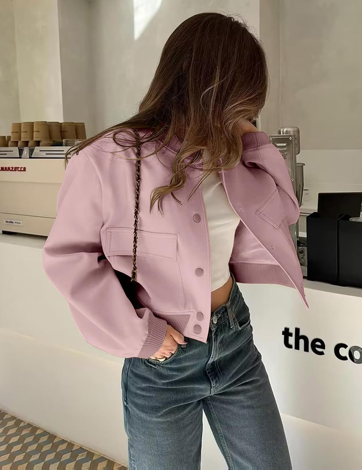 image:imageZeagoo Women Bomber Jacket Button Down Varsity Jackets Casual ShacketPink