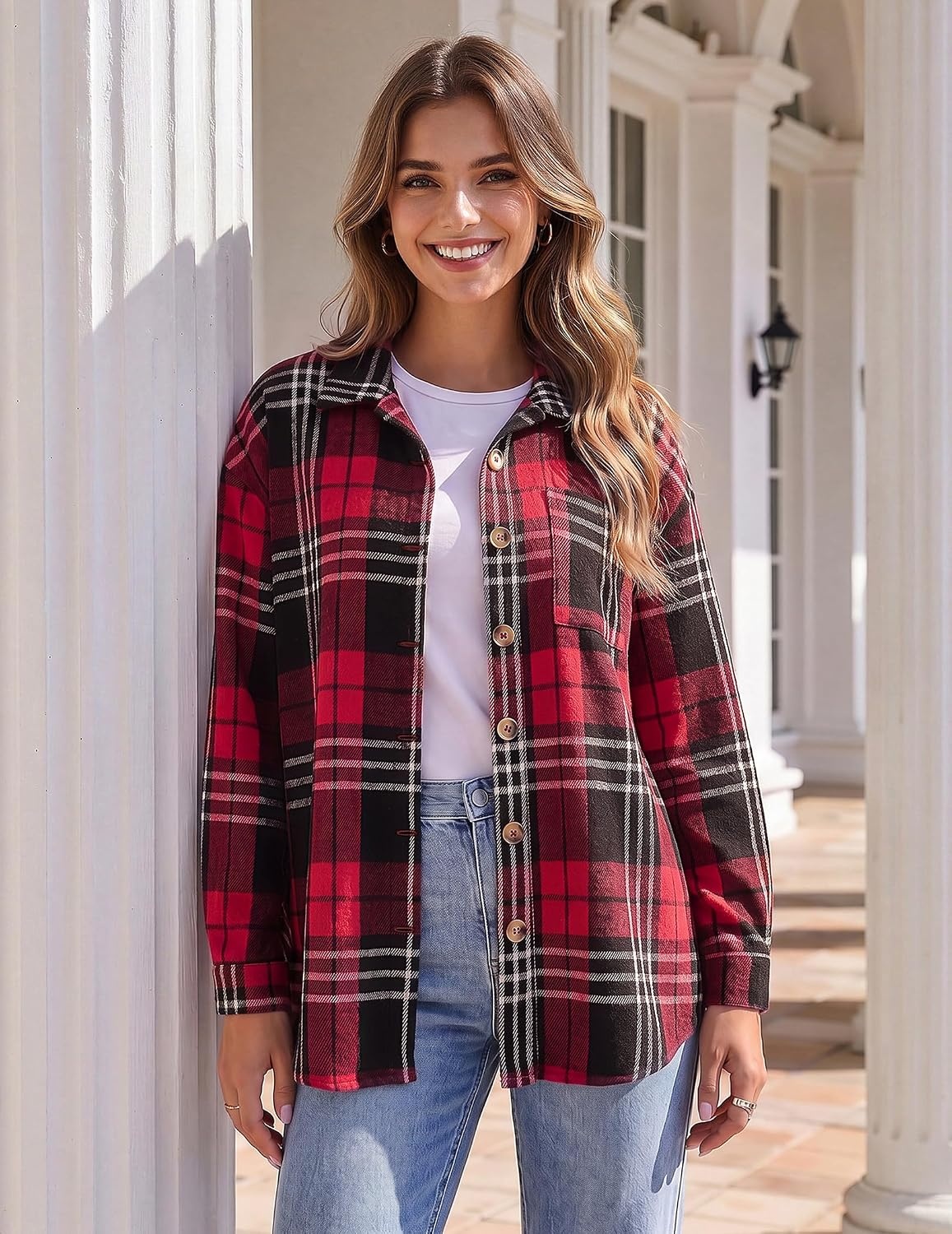 image:imageZeagoo Women Flannel Shacket Jacket Plaid Button Down Long Sleeve ShirtBlack Redgz902