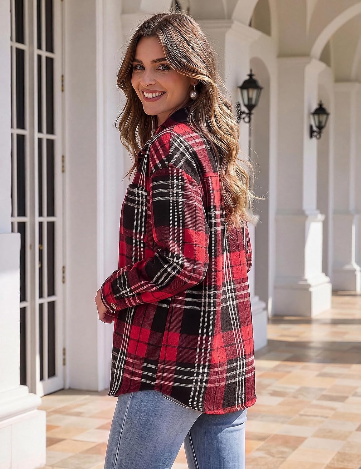 image:imageZeagoo Women Flannel Shacket Jacket Plaid Button Down Long Sleeve ShirtBlack Redgz902