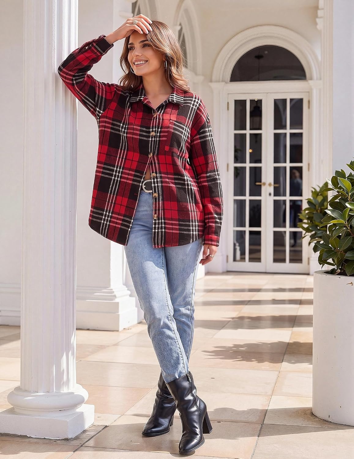 image:imageZeagoo Women Flannel Shacket Jacket Plaid Button Down Long Sleeve ShirtBlack Redgz902