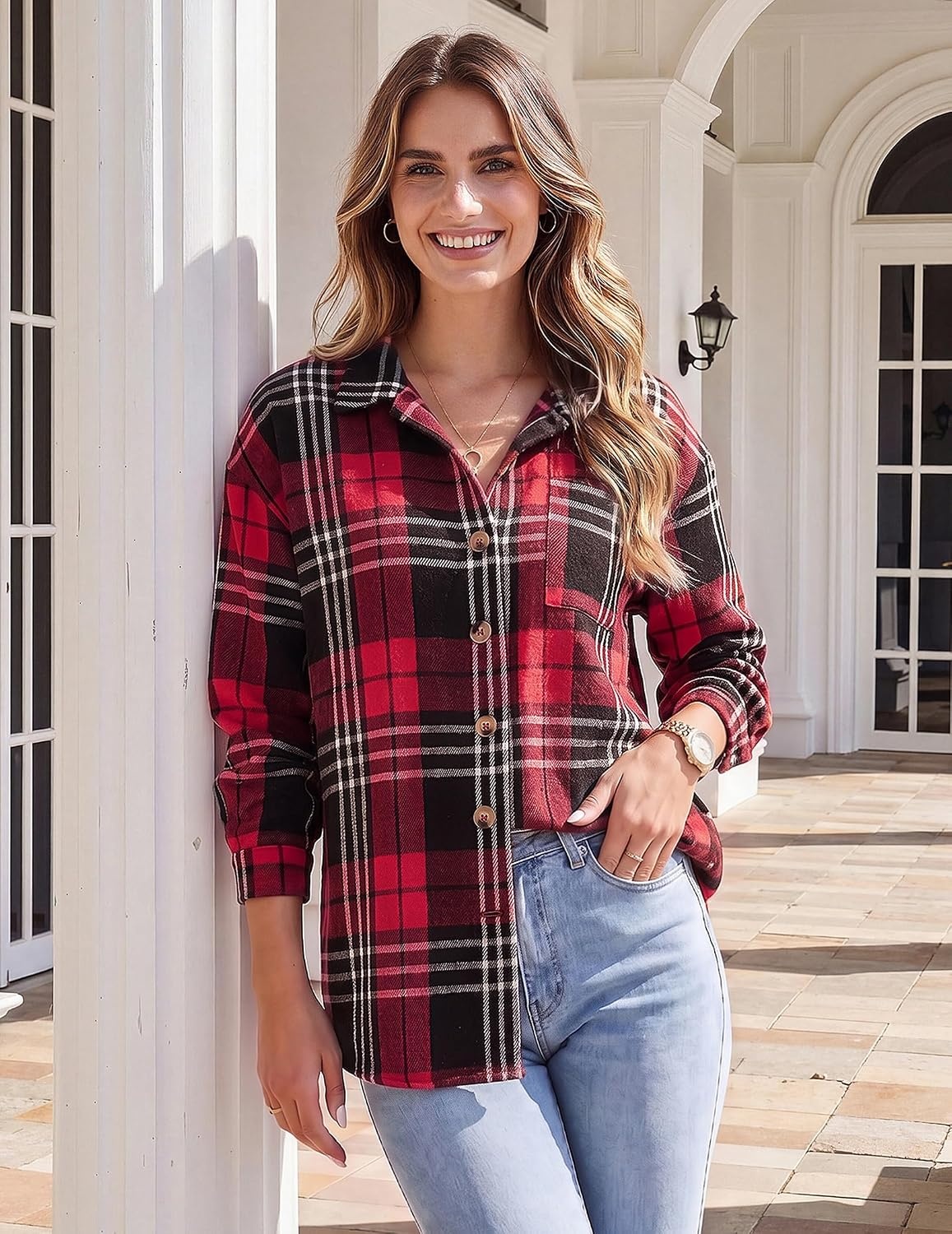 image:imageZeagoo Women Flannel Shacket Jacket Plaid Button Down Long Sleeve ShirtBlack Redgz902