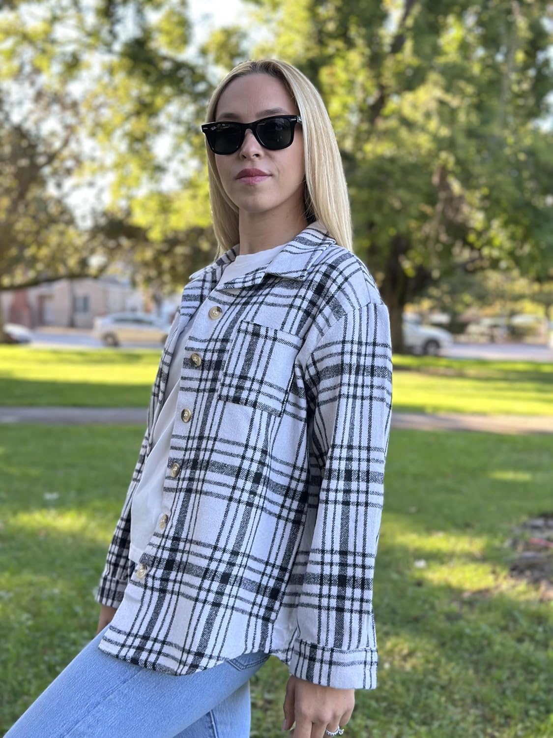 image:imageZeagoo Women Flannel Shacket Jacket Plaid Button Down Long Sleeve ShirtBlack White 2