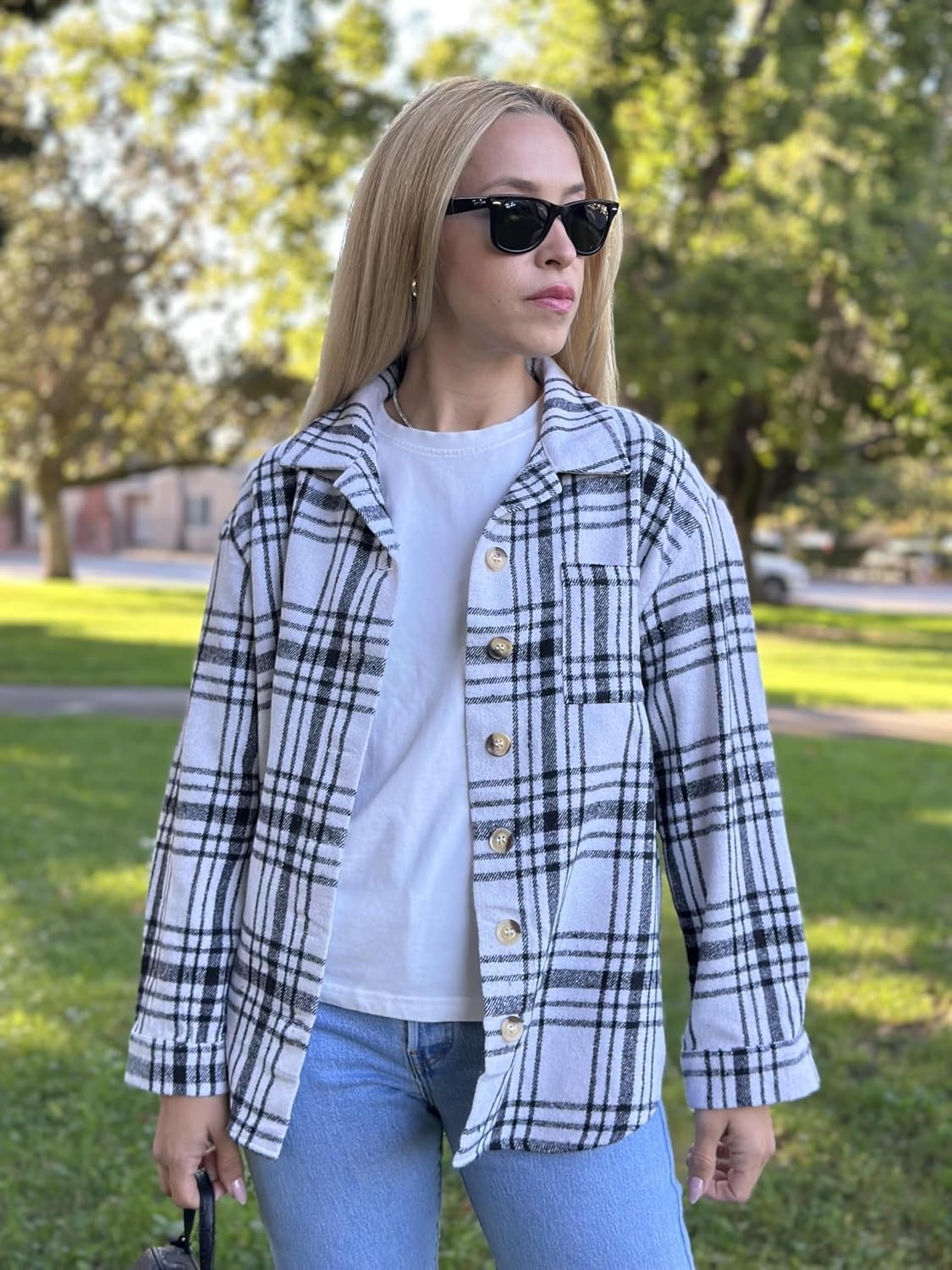 image:imageZeagoo Women Flannel Shacket Jacket Plaid Button Down Long Sleeve ShirtBlack White 2