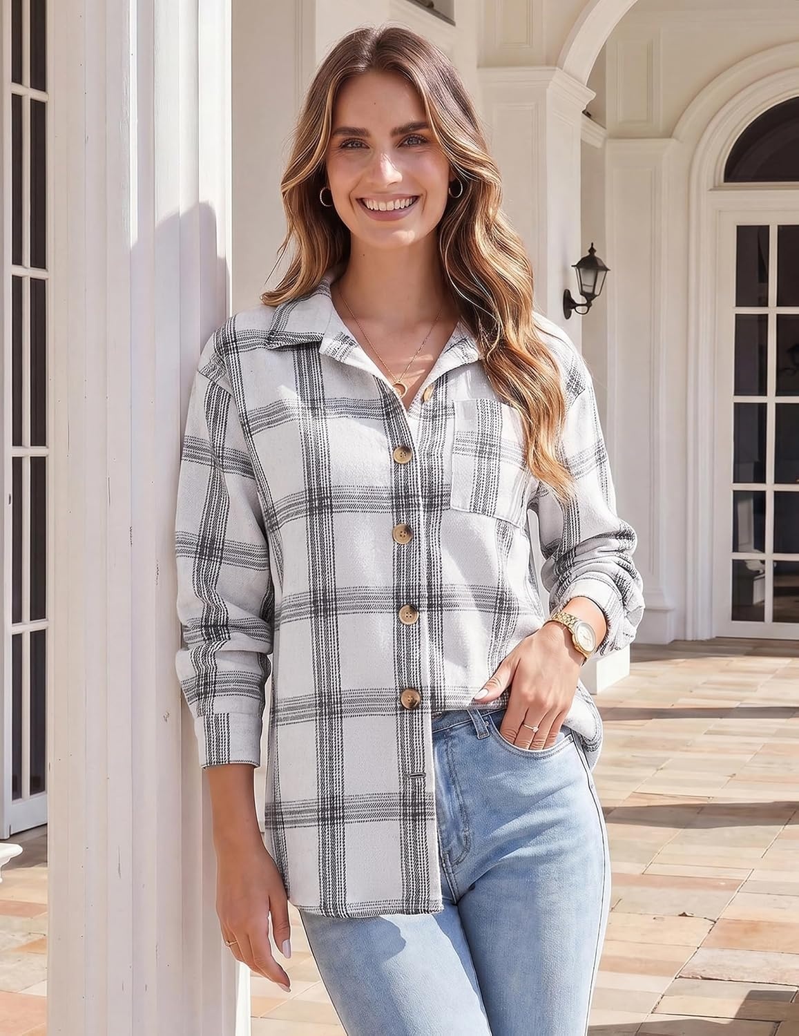 image:imageZeagoo Women Flannel Shacket Jacket Plaid Button Down Long Sleeve ShirtBlack Whitegw40