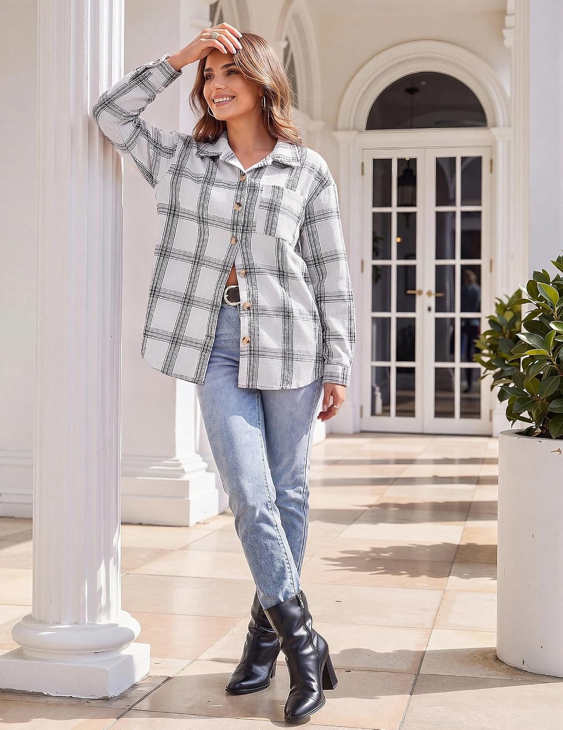 image:imageZeagoo Women Flannel Shacket Jacket Plaid Button Down Long Sleeve ShirtBlack Whitegw40