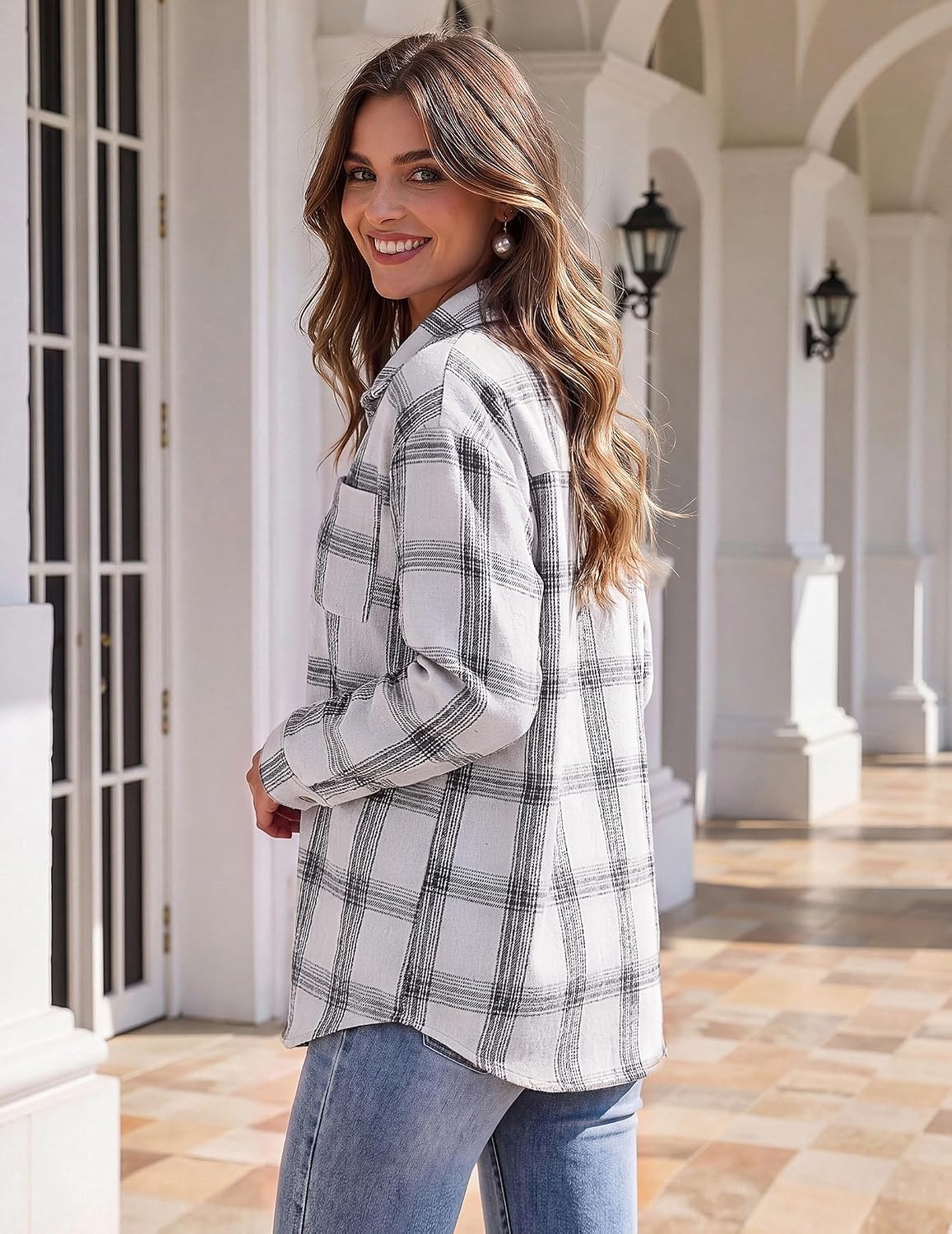 image:imageZeagoo Women Flannel Shacket Jacket Plaid Button Down Long Sleeve ShirtBlack Whitegw40