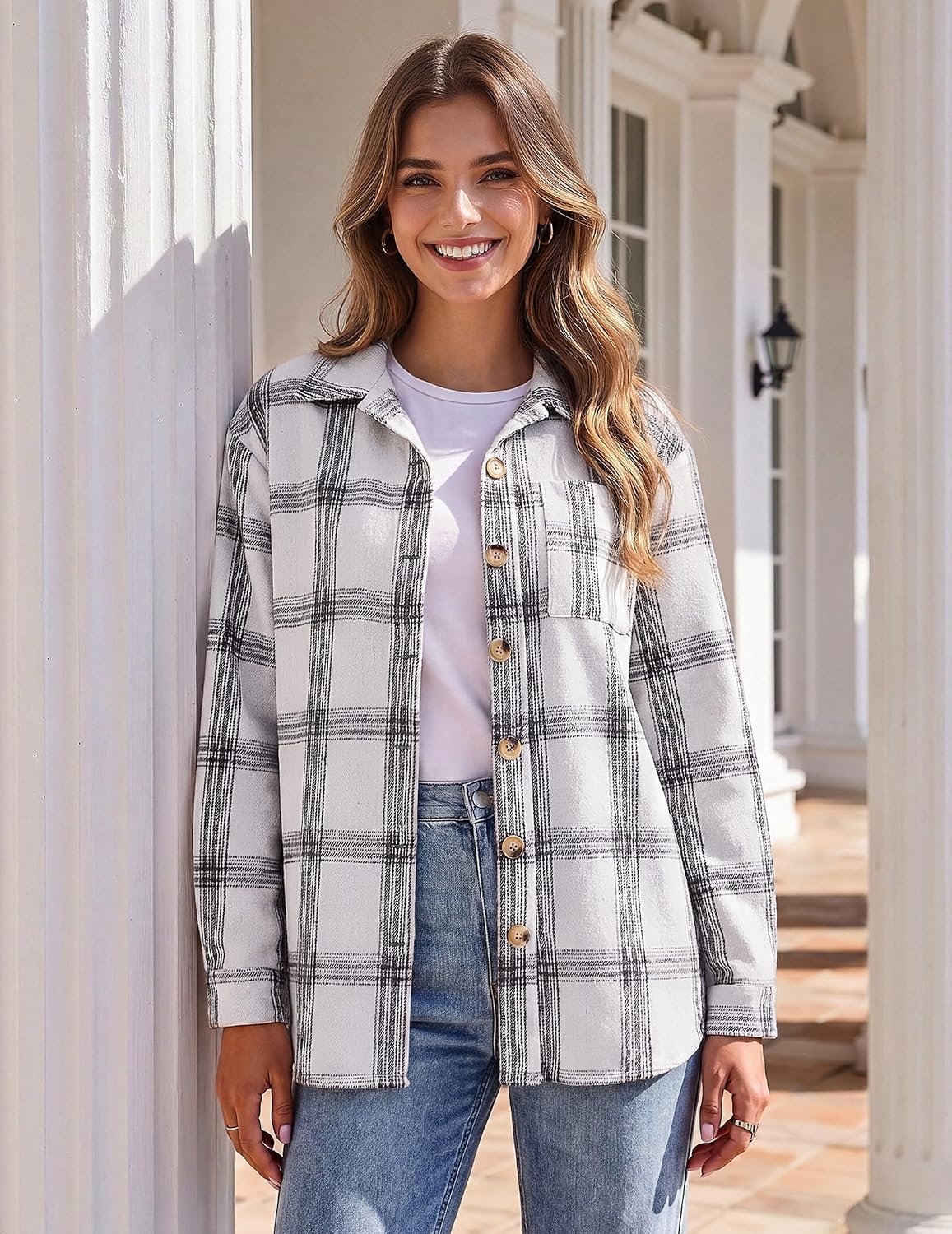 image:imageZeagoo Women Flannel Shacket Jacket Plaid Button Down Long Sleeve ShirtBlack Whitegw40