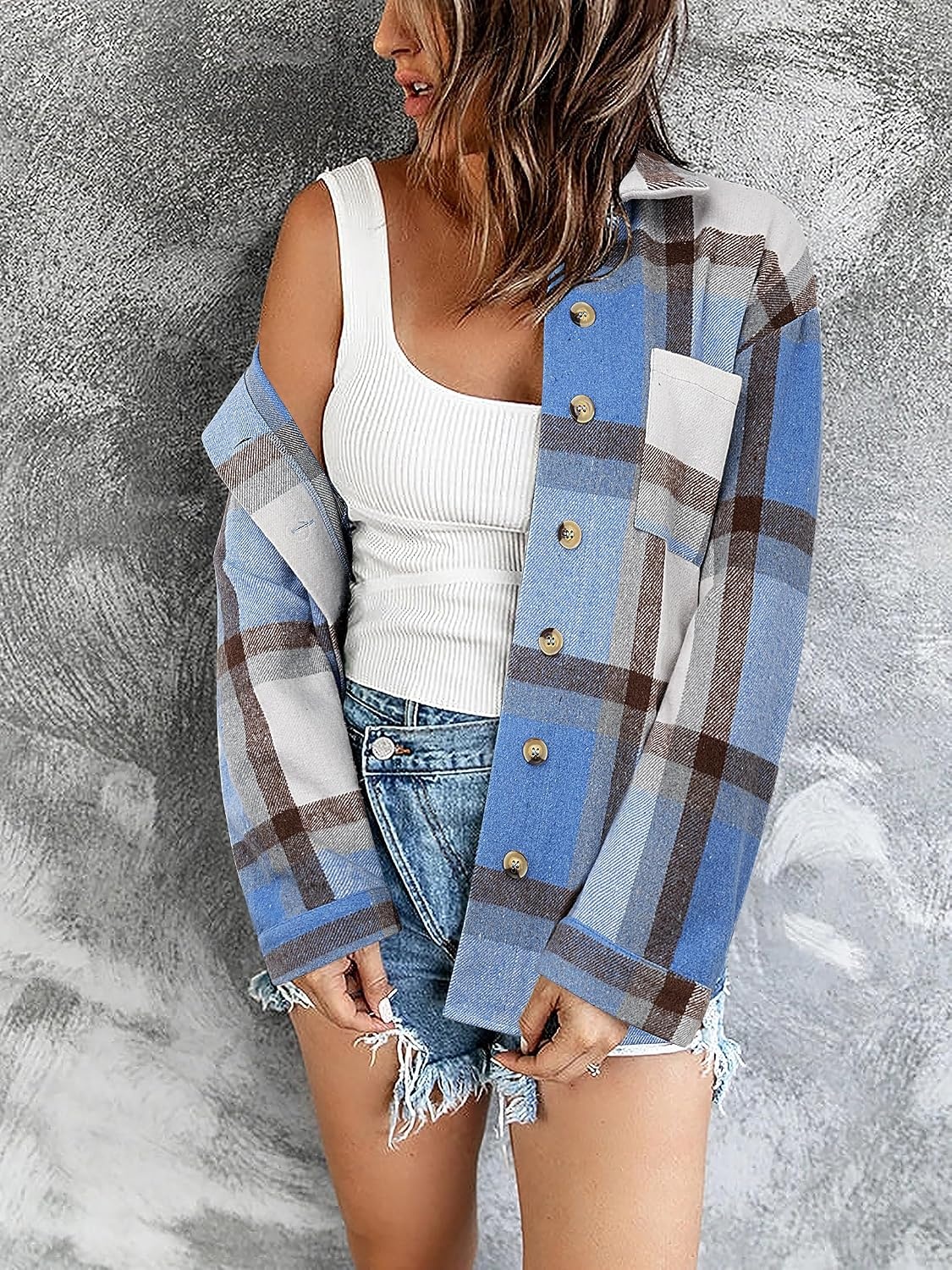 image:imageZeagoo Women Flannel Shacket Jacket Plaid Button Down Long Sleeve ShirtBlue Plaidgw354