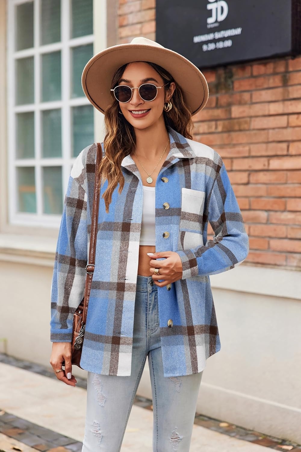 image:imageZeagoo Women Flannel Shacket Jacket Plaid Button Down Long Sleeve ShirtBlue Plaidgw354