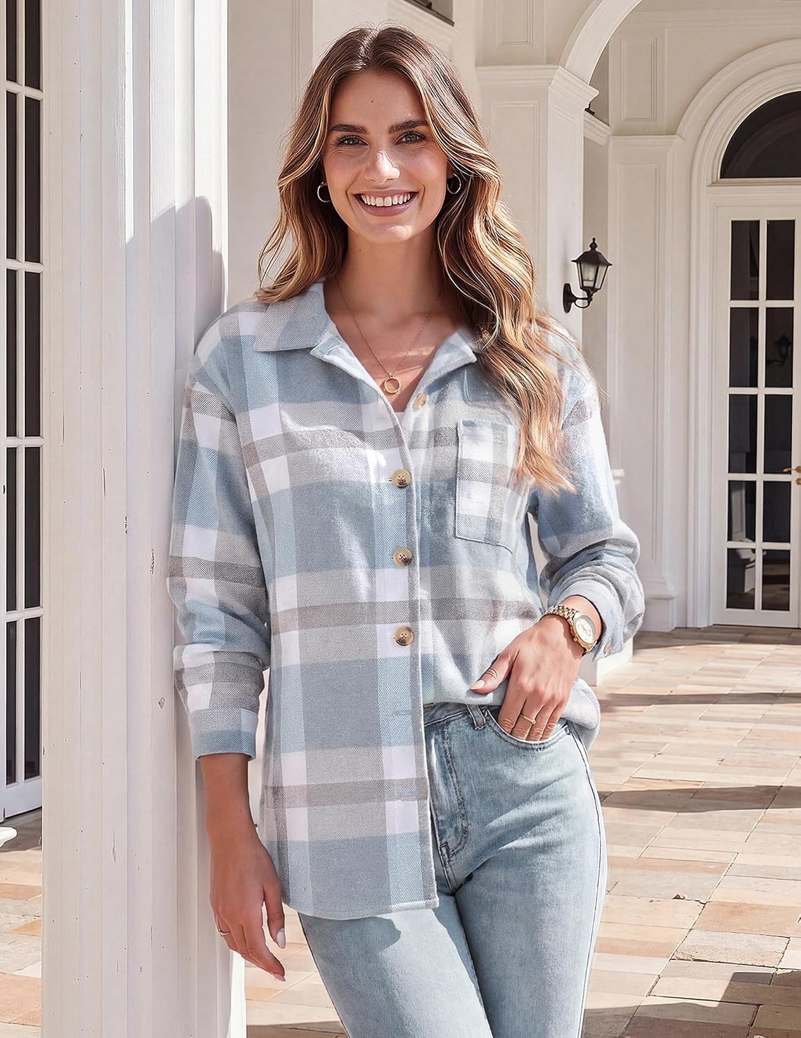 image:imageZeagoo Women Flannel Shacket Jacket Plaid Button Down Long Sleeve ShirtBluegw570