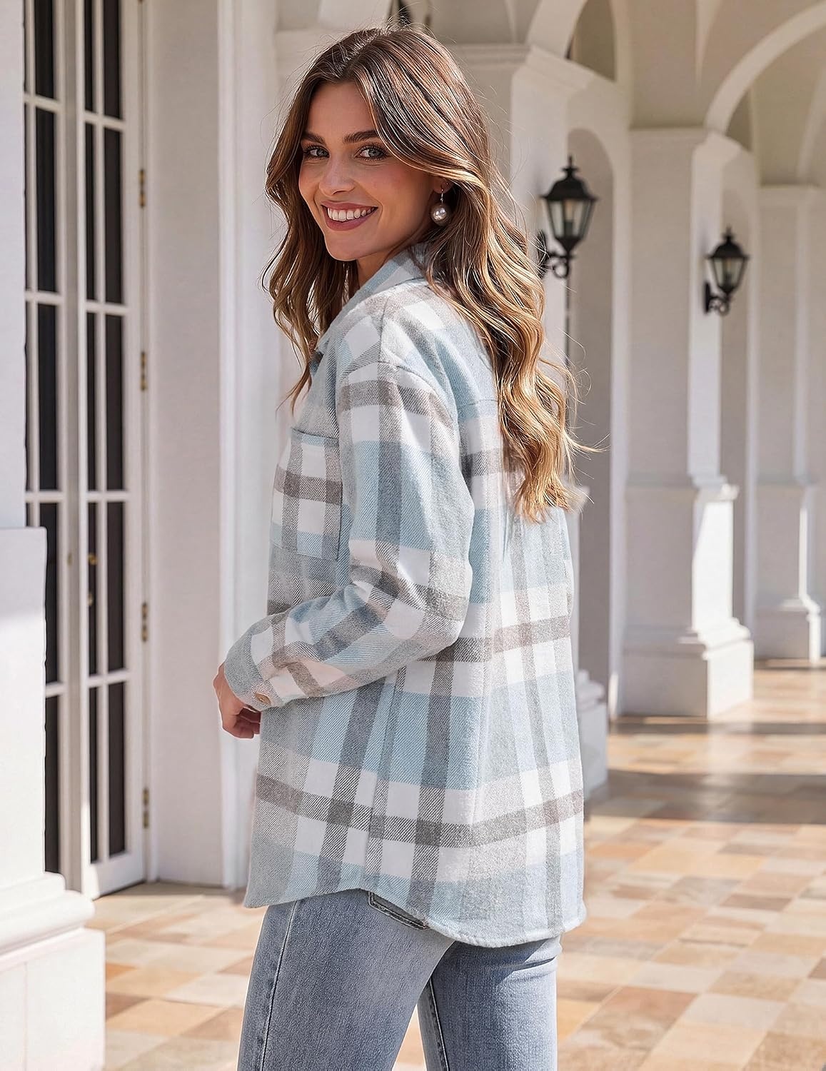 image:imageZeagoo Women Flannel Shacket Jacket Plaid Button Down Long Sleeve ShirtBluegw570