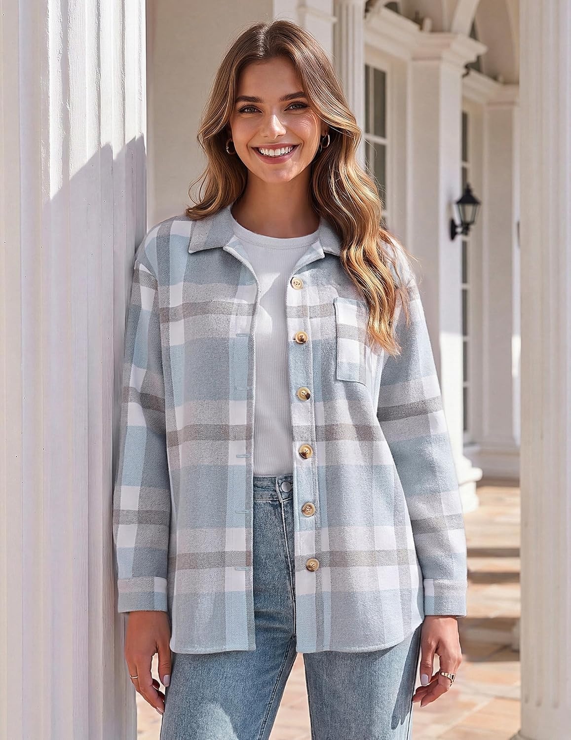 image:imageZeagoo Women Flannel Shacket Jacket Plaid Button Down Long Sleeve ShirtBluegw570