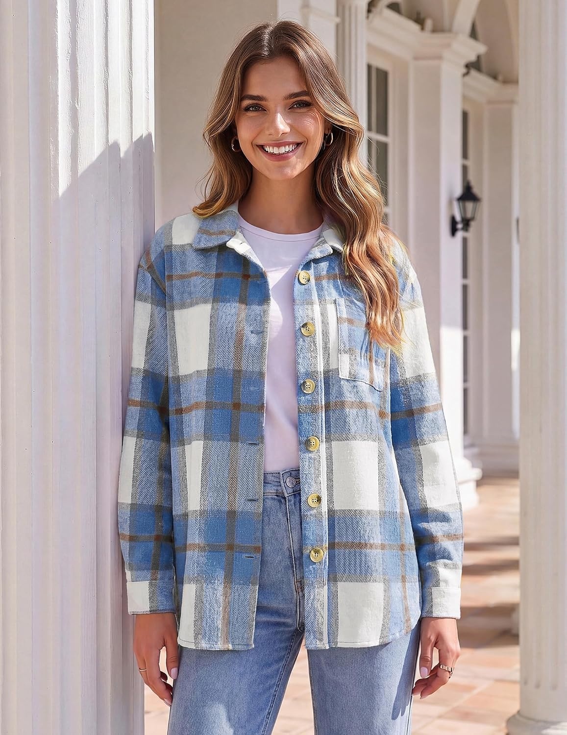 image:imageZeagoo Women Flannel Shacket Jacket Plaid Button Down Long Sleeve ShirtBluegz870
