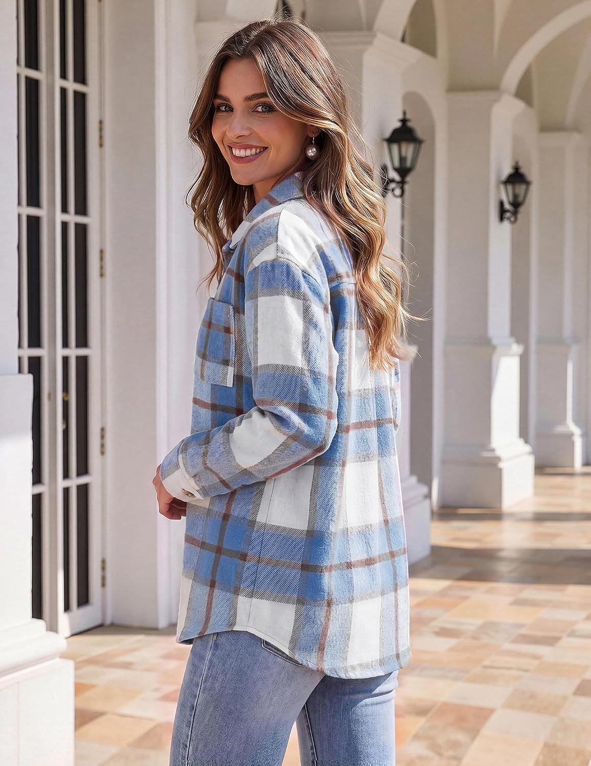 image:imageZeagoo Women Flannel Shacket Jacket Plaid Button Down Long Sleeve ShirtBluegz870