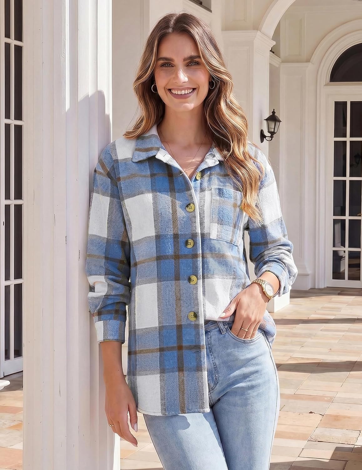 image:imageZeagoo Women Flannel Shacket Jacket Plaid Button Down Long Sleeve ShirtBluegz870