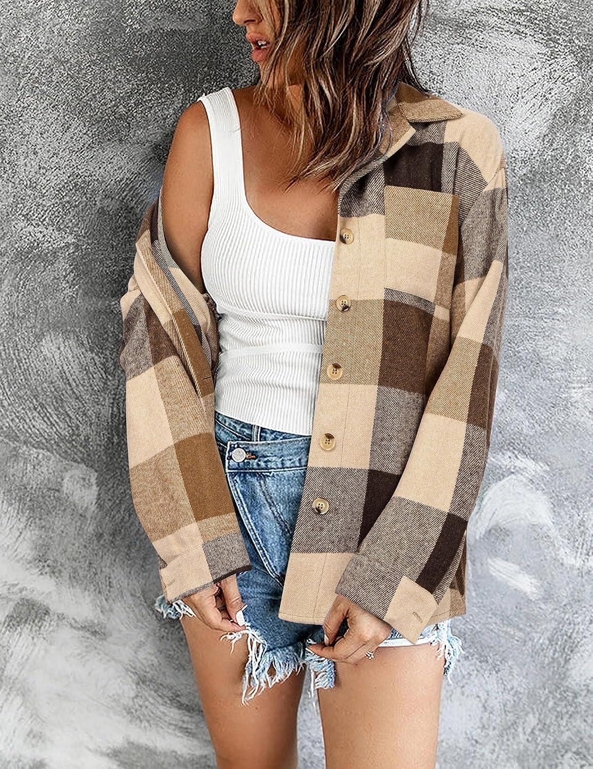 image:imageZeagoo Women Flannel Shacket Jacket Plaid Button Down Long Sleeve ShirtBrown 2