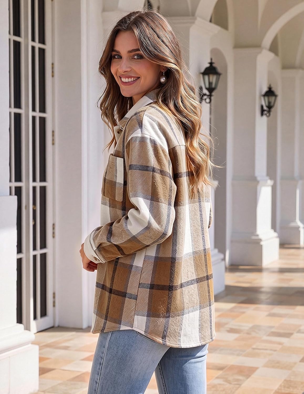 image:imageZeagoo Women Flannel Shacket Jacket Plaid Button Down Long Sleeve ShirtBrowngz554