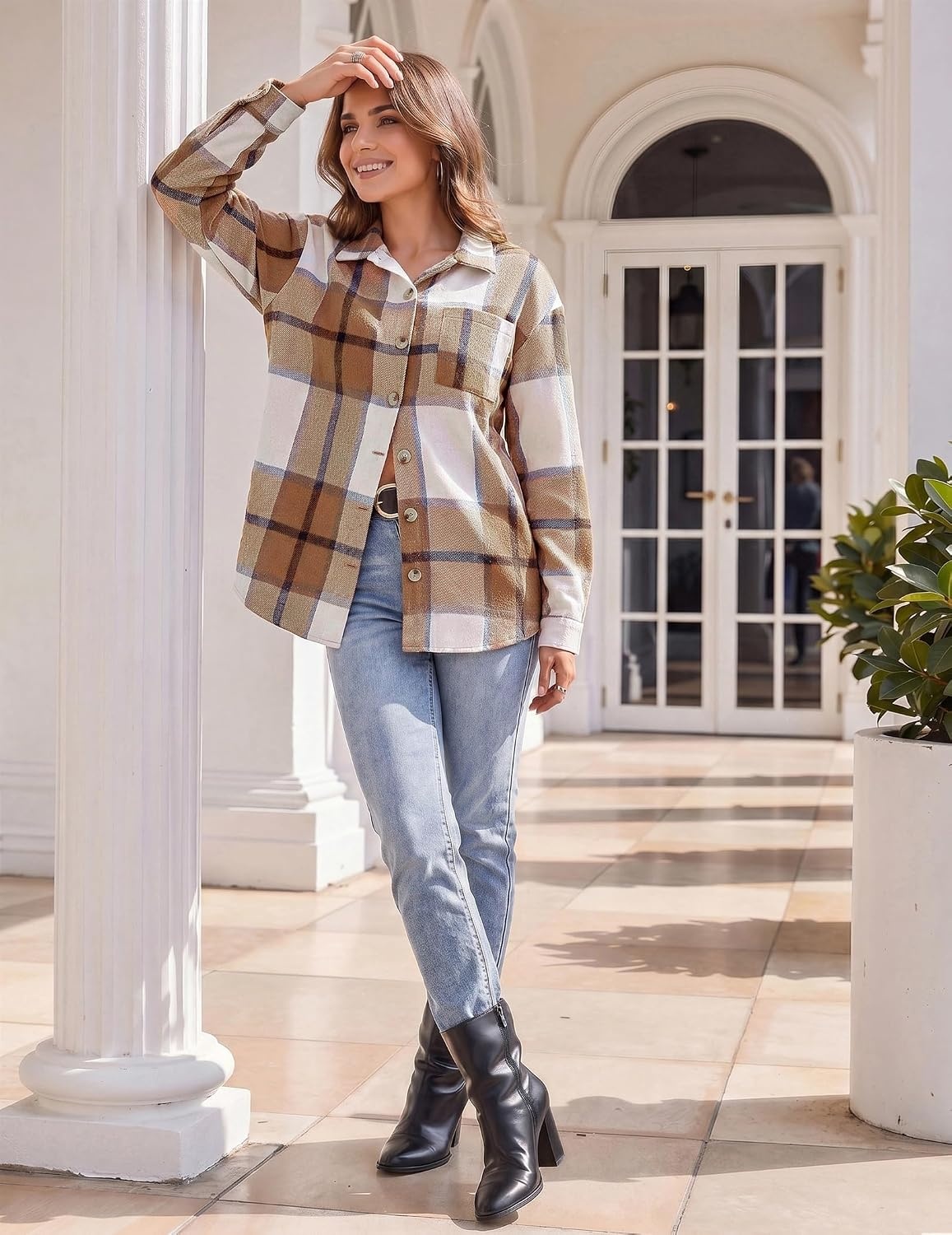 image:imageZeagoo Women Flannel Shacket Jacket Plaid Button Down Long Sleeve ShirtBrowngz554
