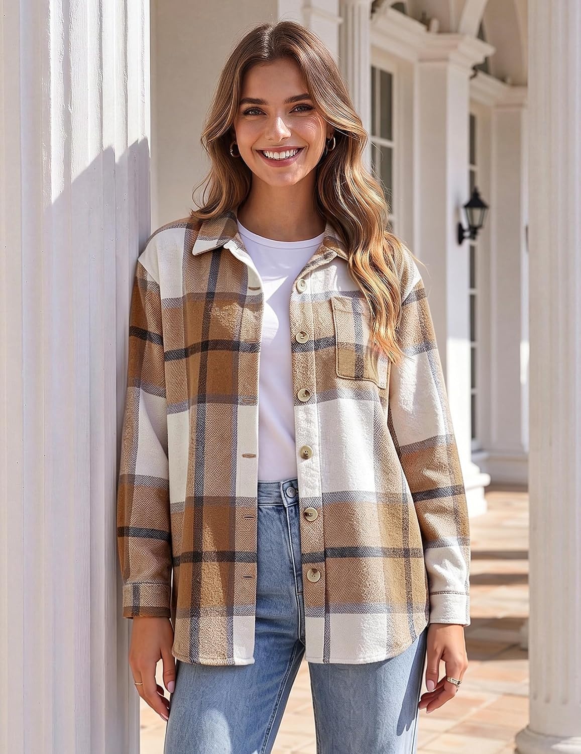 image:imageZeagoo Women Flannel Shacket Jacket Plaid Button Down Long Sleeve ShirtBrowngz554