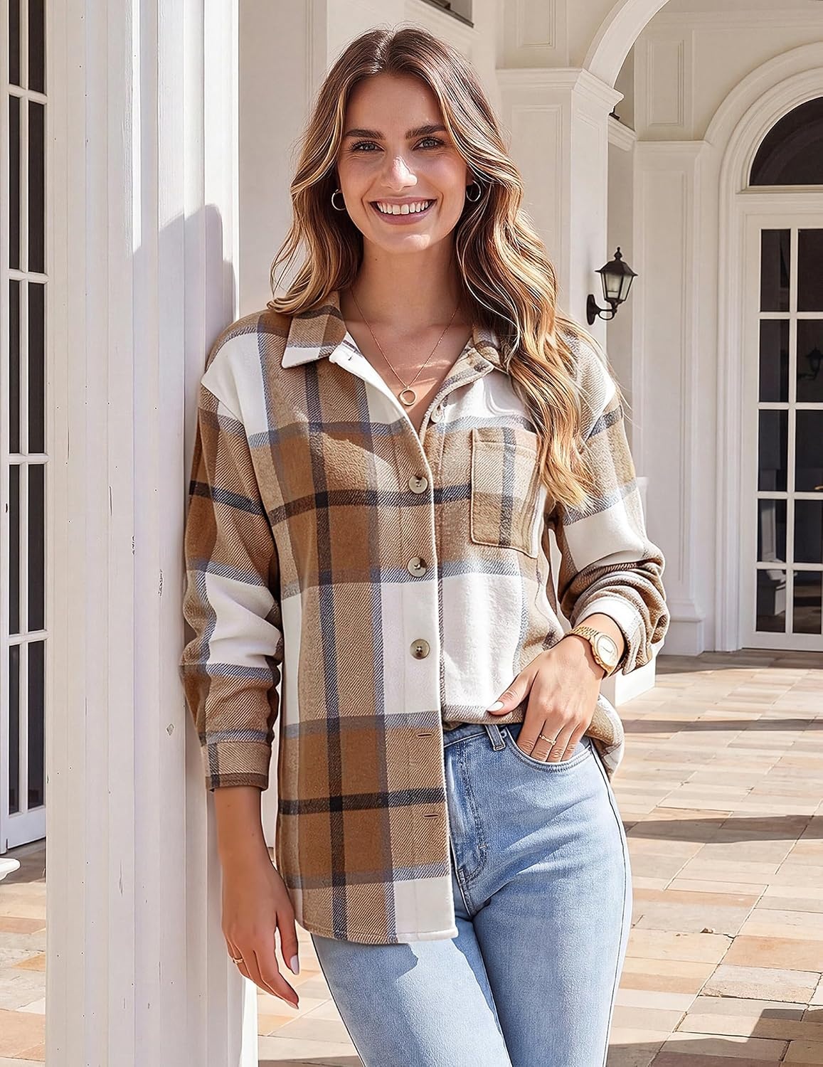 image:imageZeagoo Women Flannel Shacket Jacket Plaid Button Down Long Sleeve ShirtBrowngz554