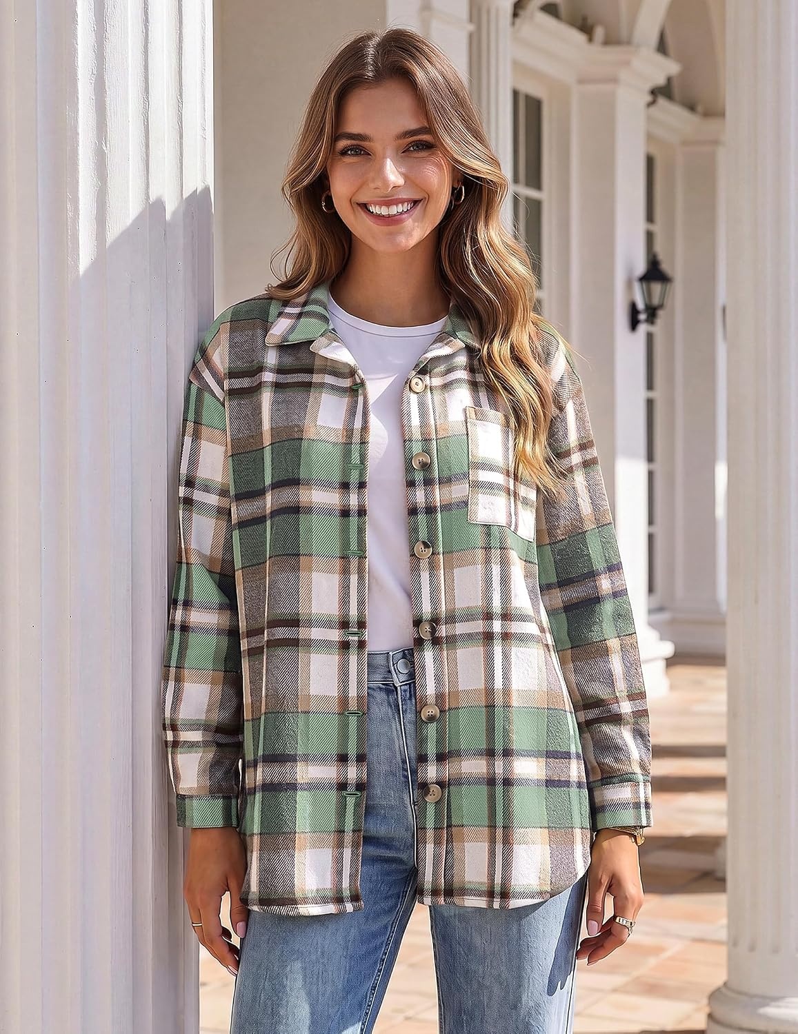 image:imageZeagoo Women Flannel Shacket Jacket Plaid Button Down Long Sleeve ShirtGreengz802