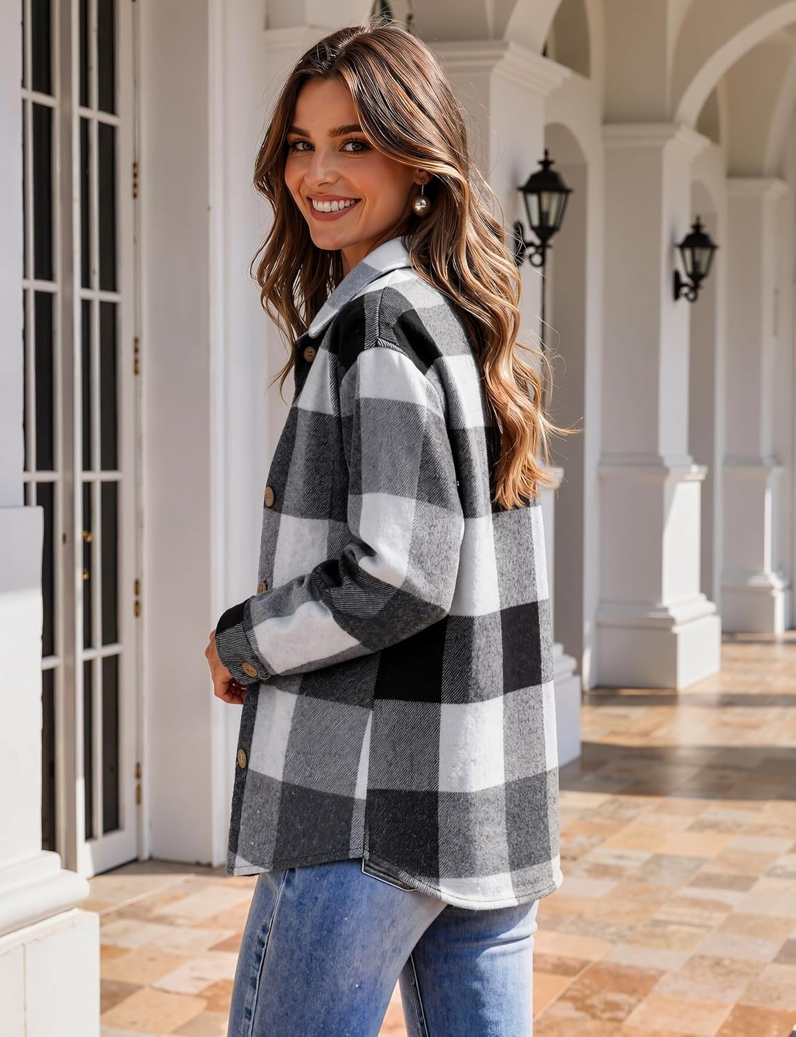 image:imageZeagoo Women Flannel Shacket Jacket Plaid Button Down Long Sleeve ShirtGrey Blackgw39
