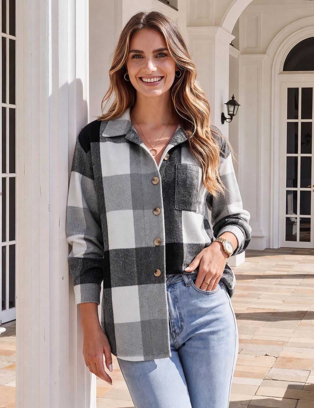 image:imageZeagoo Women Flannel Shacket Jacket Plaid Button Down Long Sleeve ShirtGrey Blackgw39