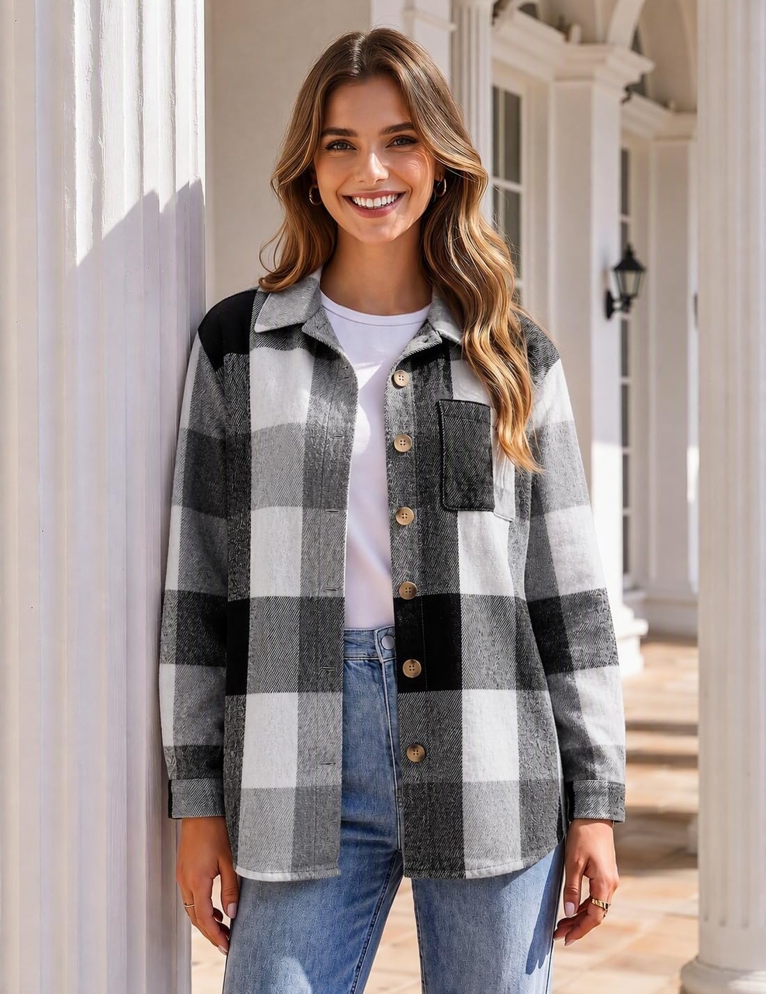 image:imageZeagoo Women Flannel Shacket Jacket Plaid Button Down Long Sleeve ShirtGrey Blackgw39
