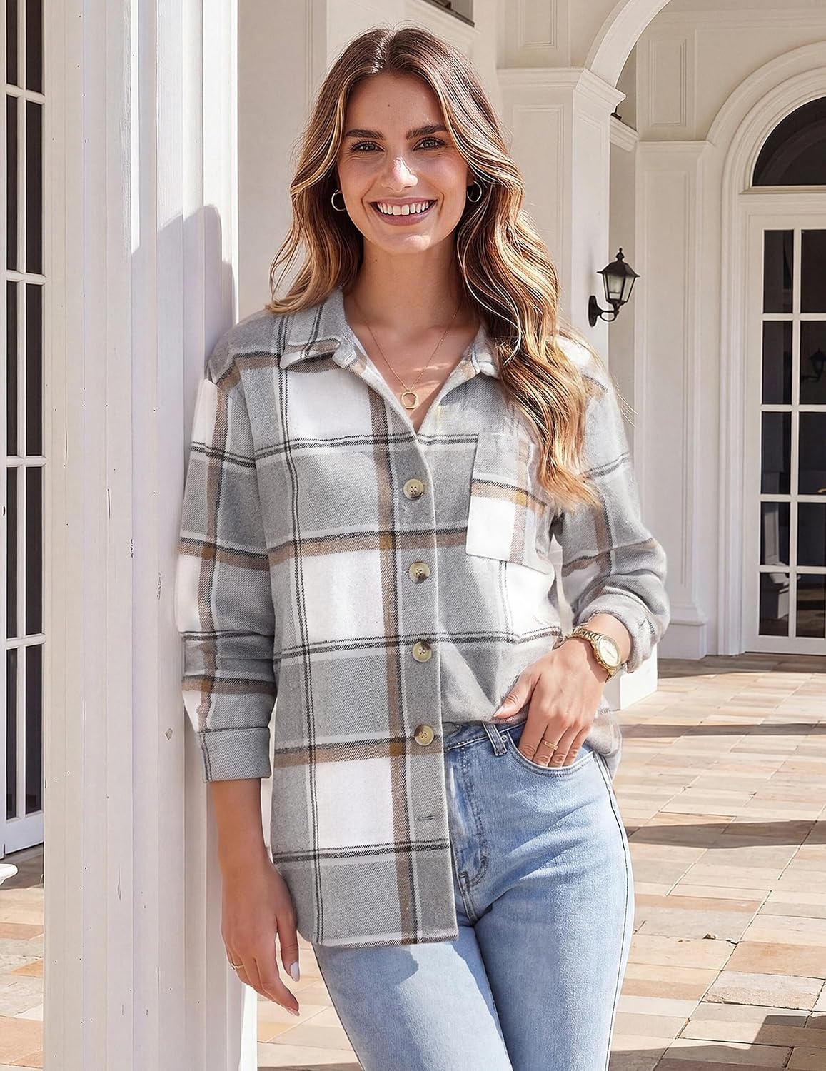 image:imageZeagoo Women Flannel Shacket Jacket Plaid Button Down Long Sleeve ShirtGreygw568