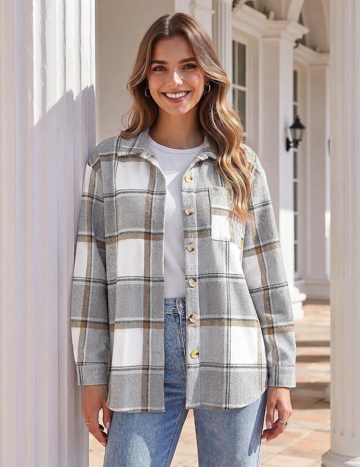 image:imageZeagoo Women Flannel Shacket Jacket Plaid Button Down Long Sleeve ShirtGreygw568