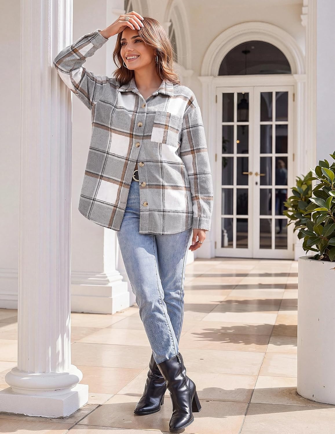 image:imageZeagoo Women Flannel Shacket Jacket Plaid Button Down Long Sleeve ShirtGreygw568